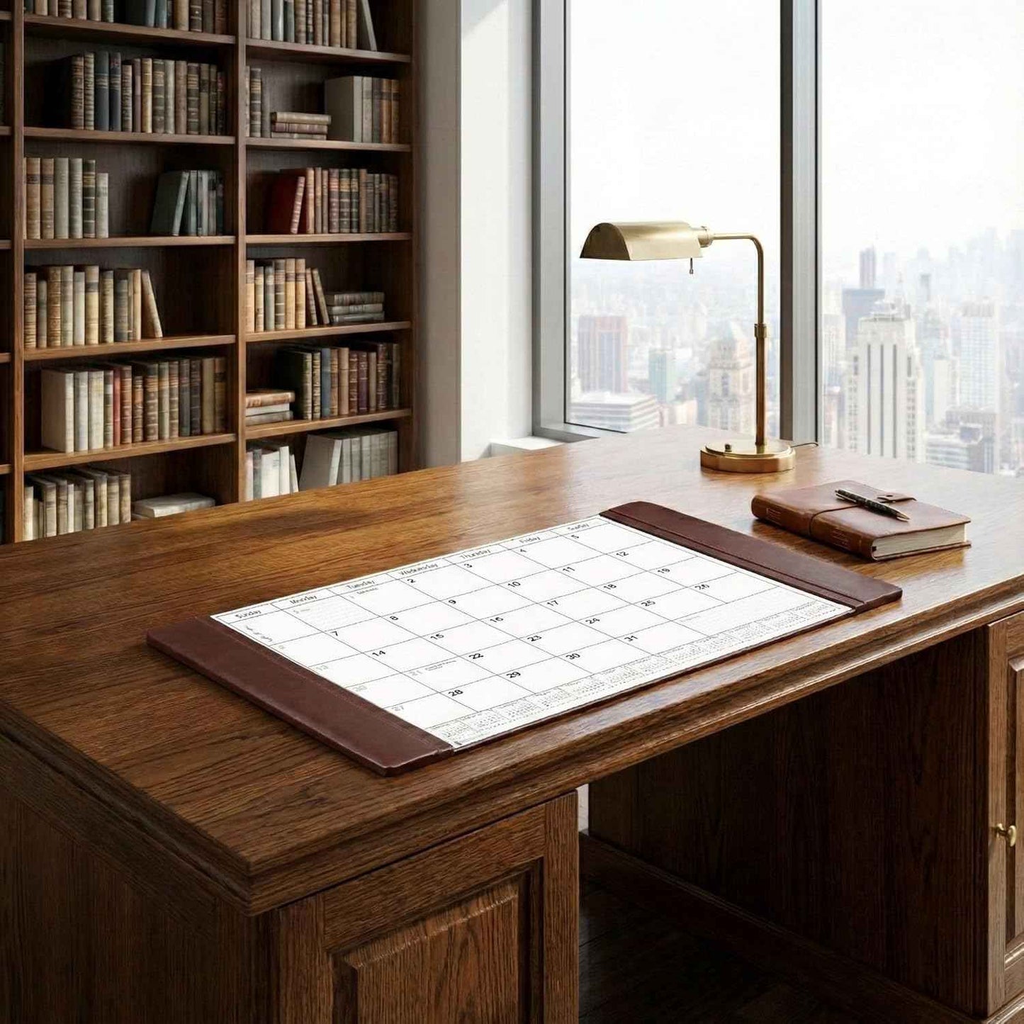 Chocolate Brown Leather Desk Pad w/Calendar, 34 x 20