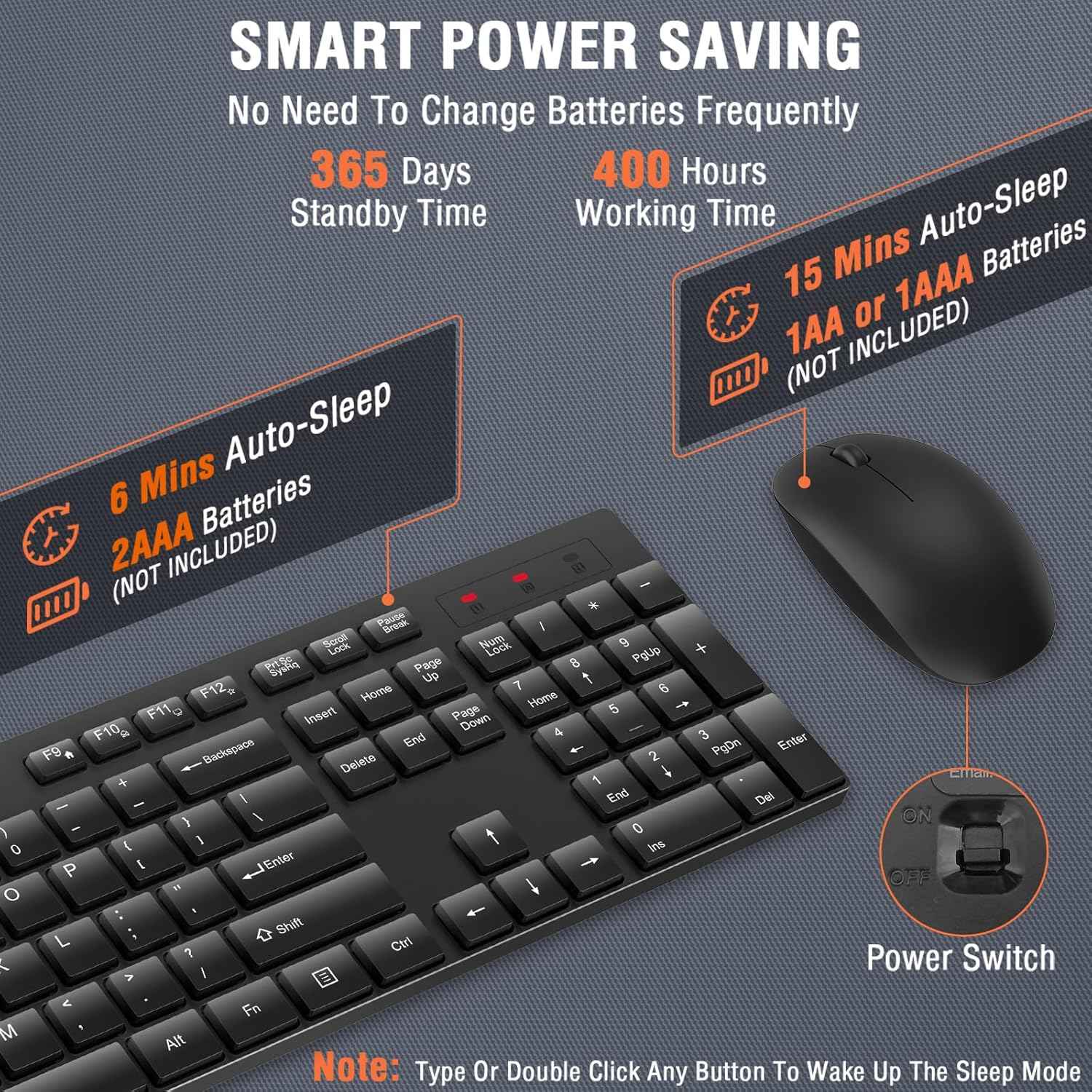 Wireless Keyboard and Mouse Combo, EDJO Silent Full Size Cordless USB Keyboard Mouse, 2.4GHz Lag-Free, Long Battery Life, for Computer, Laptop, PC, Chromebook, Windows (Black, 1 Pack)