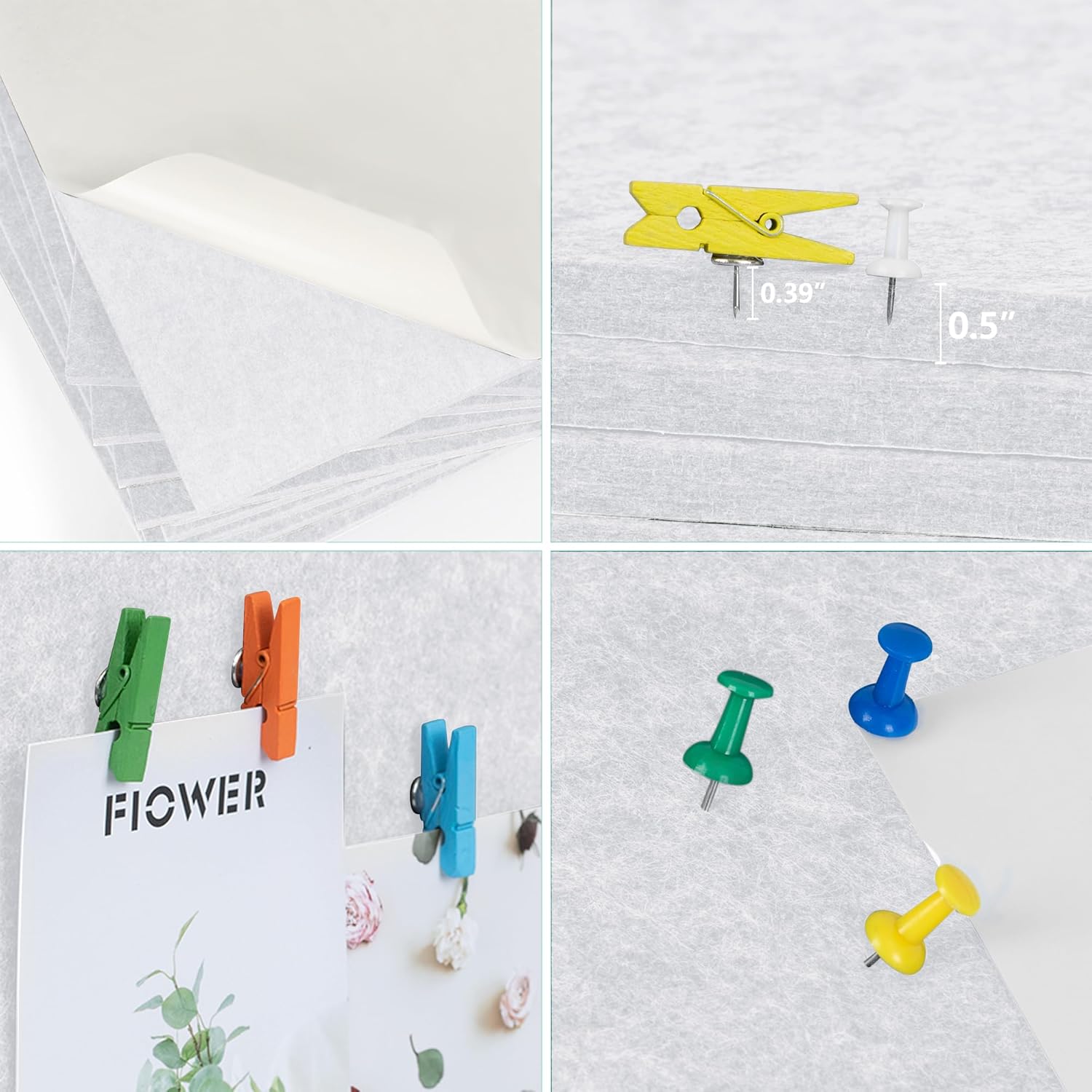 AKTOP White Cork Bulletin Board 12x12, 1/2" Thick Felt Cork Board Tiles 6 Pack, Small Square Pin Board for Wall, Self Adhesive Corkboards with 60 Push Pin Wood Clips for School, Home & Office - Lumora Desk