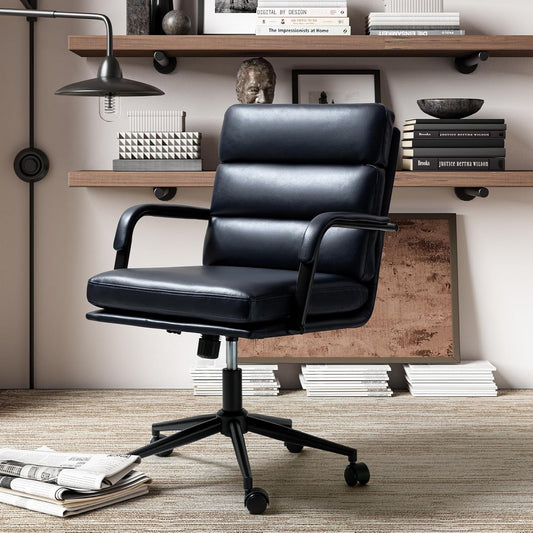 HULALA HOME Modern Faux Leather Home Office Chair with Tilt Lock & Metal Base, Desk Chair with Wheels & Padded Cushion, 360° Swivel Wide Seat Computer Task Chair, Navy