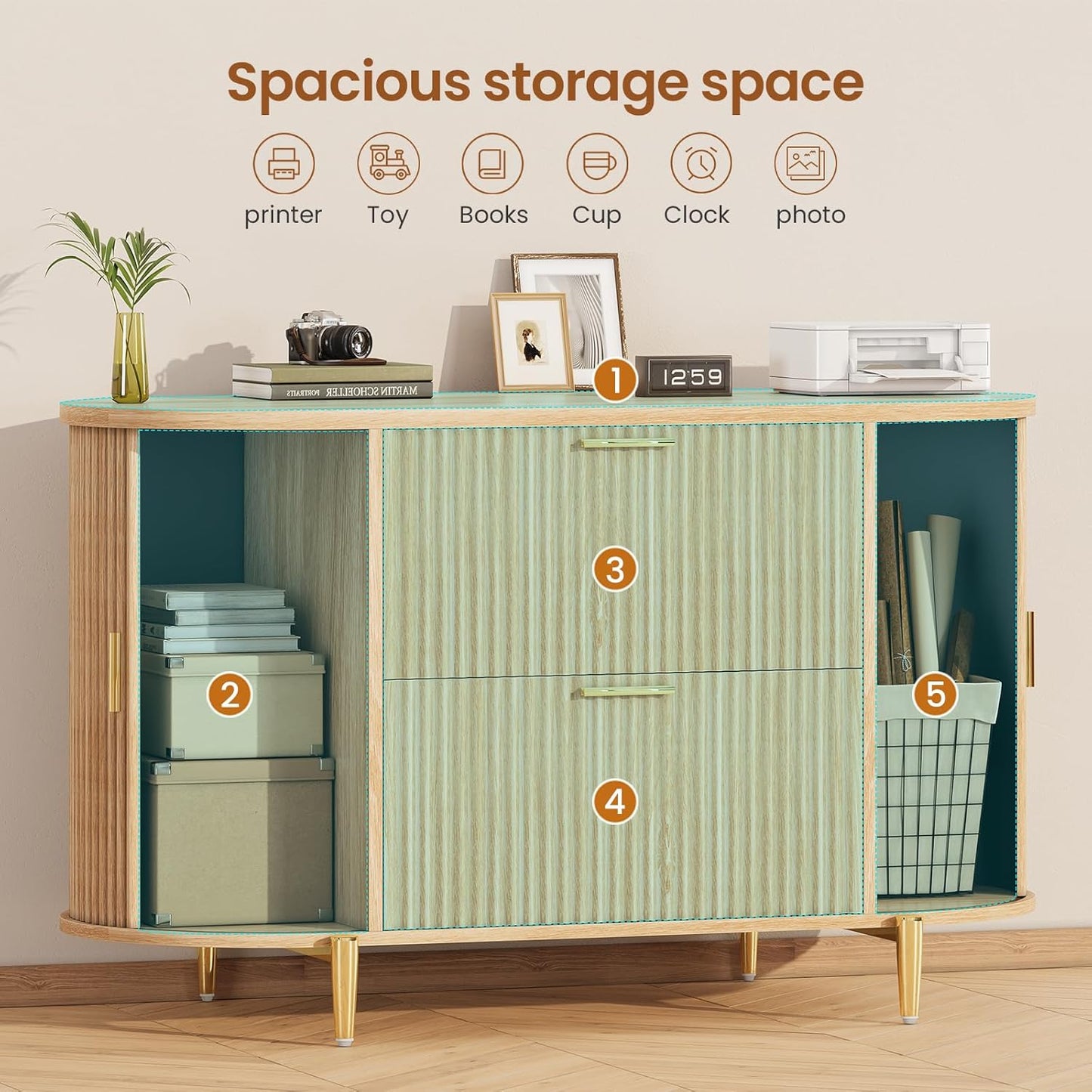 SEDETA 2 Drawer File Cabinet, 39.4" Filing Cabinet for Home Office, fit Legal/Letter/A4 Size, Modern Fluted Filing Cabinets with 2 Sliding Door Storage, Printer Stand, Natrual