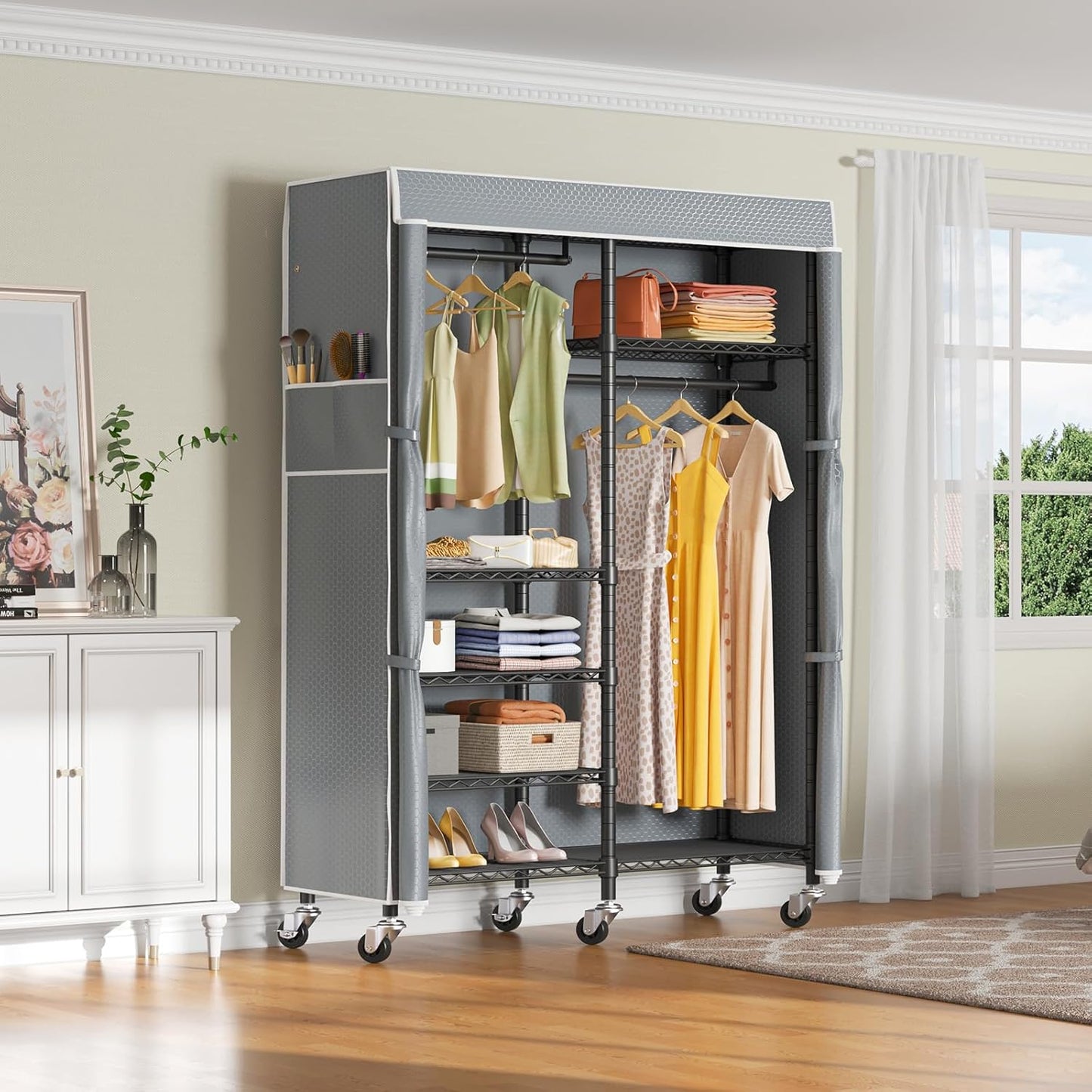VIPEK R4C Rolling Garment Rack 6 Tiers Adjustable Heavy Duty Wire Shelving Portable Clothes Rack with Lockable Wheels, Black Metal Clothing Rack with Grey Upgraded Polyester Cover, Max Load 620lbs - Lumora Desk