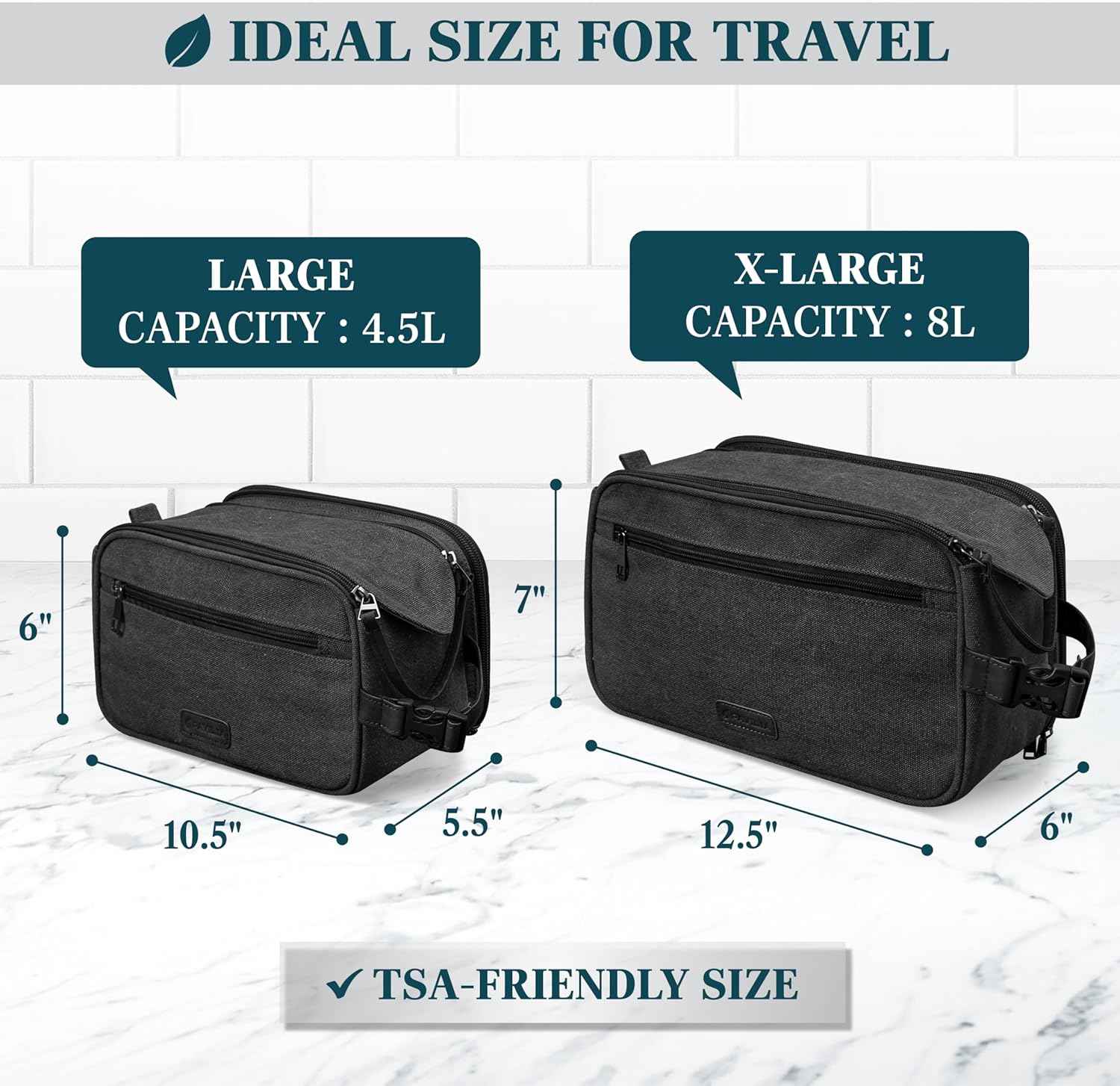 PAVILIA Toiletry Bag for Men, Canvas Dopp Kit, Travel Essentials Organizer, Water-Resistant Shaving, Grooming Kit, Large Hanging Bathroom Accessories Cosmetic Bag, Black