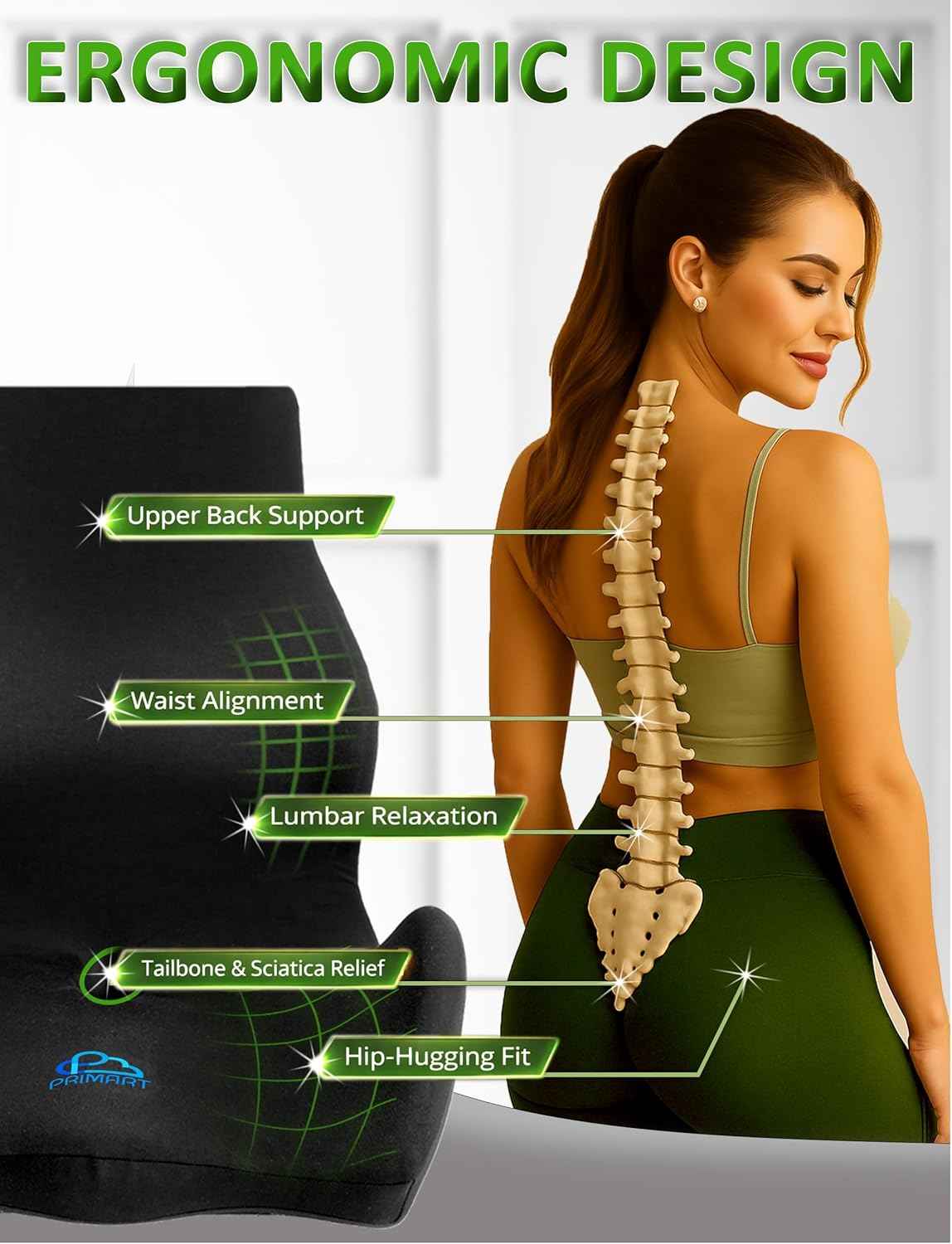 Ergonomic Memory Foam Seat Cushion for Office Chair, Car Seat, Dining, Gaming Chair & Wheelchair, Full Back & Lumbar Support Pillow One Piece, Back Pain Relief, Coccyx, Tailbone & Sciatica Pain Relief