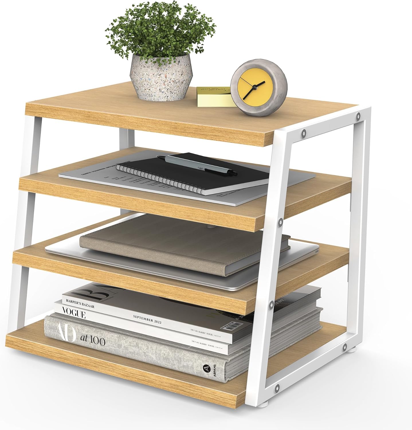 Fenge Desk Shelf Organizer, 4 Tier Desktop Shelf, Wood and Metal Office Shelves, Corner File Organizer for Office Supplies, Top of Desk Organizers and Accessories