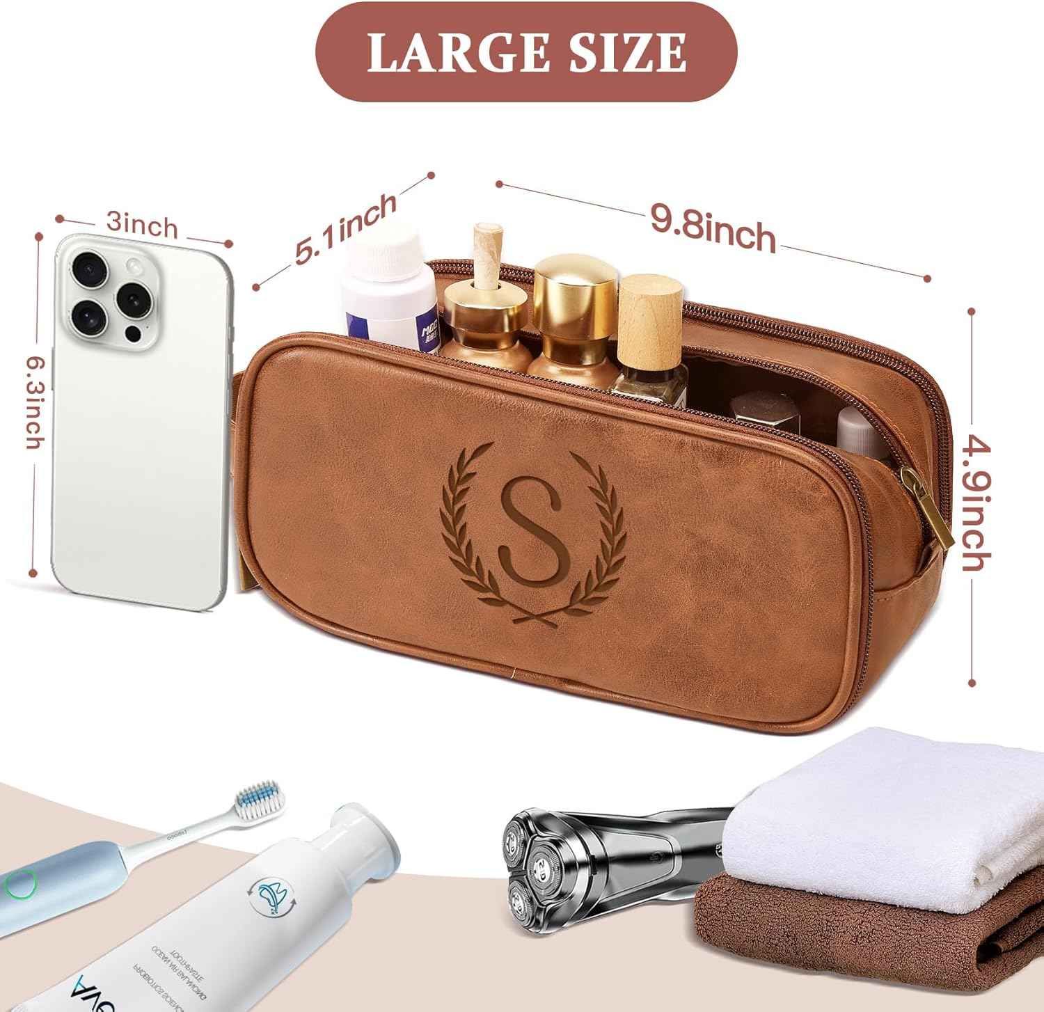 Janhavi Toiletry Bag For Men Waterproof, Groomsmen Gifts Personalized Leather Engraved Initials & Wheat, Mens Toiletry Travel Bag, Birthday Gifts For Men (Medium, Yellow Brown, A)