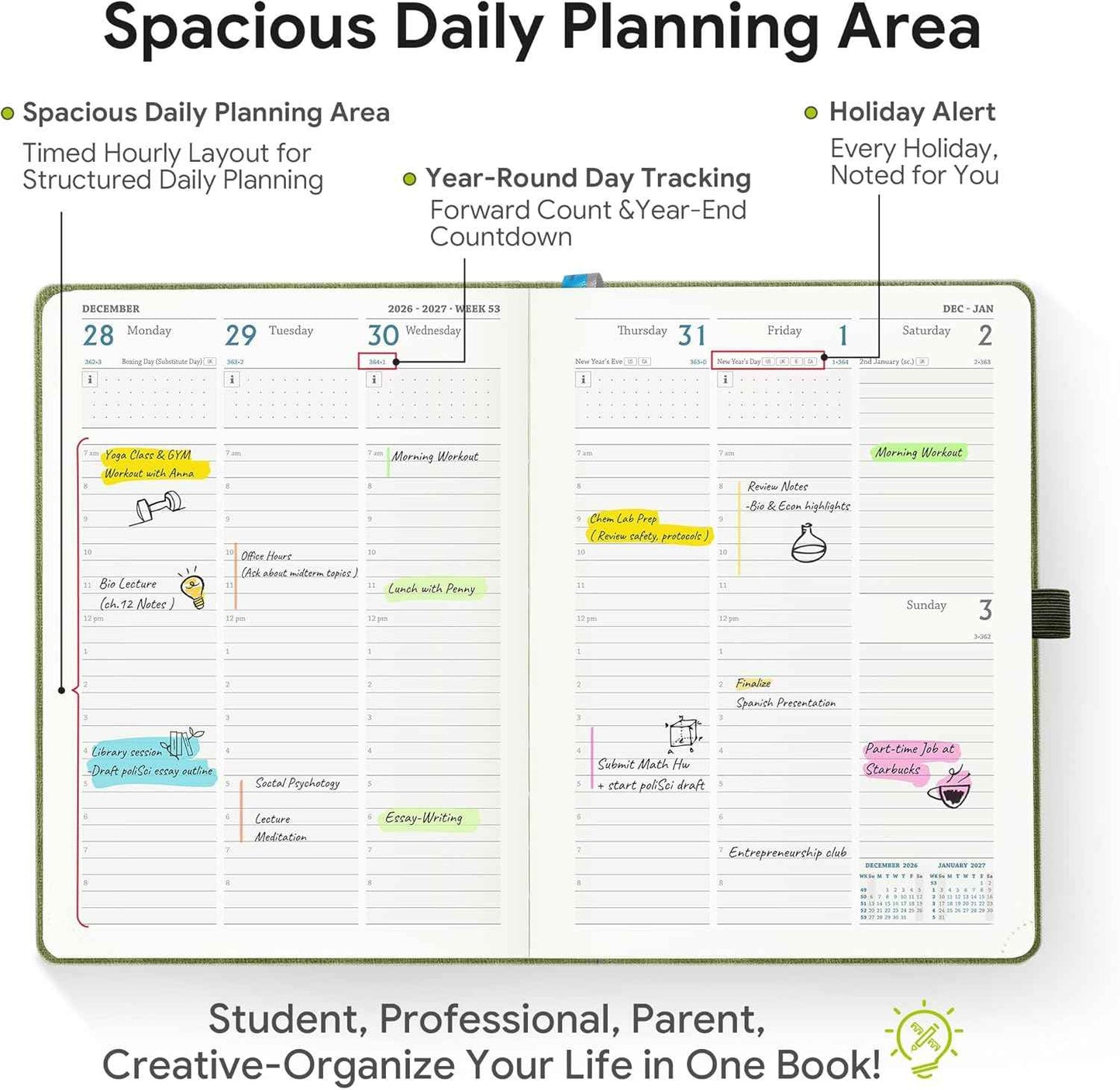 2026-2027 Weekly and Monthly Planner (July 2026–December 2027), 6.5"x8.5", Vertical Layout, 18 Months Agenda with Month Tabs & Pocket, Academic Calendar with Vegan Leather Cover,Olive Green