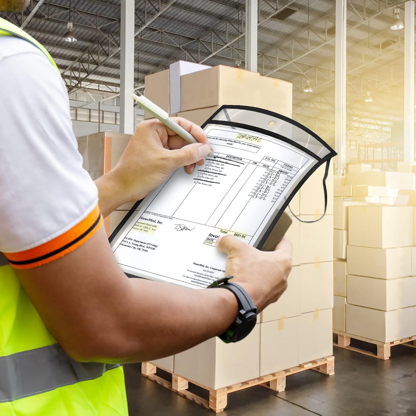 10 Pack Hanging Job Ticket Holders with Strap 9x12 in - Black Shop Ticket Holders with Hanging Strap - Heavy Duty Work Order Plastic Sleeves 9 x 12 in - Clear Plastic Sleeve - Hanger Dry Erase Pockets