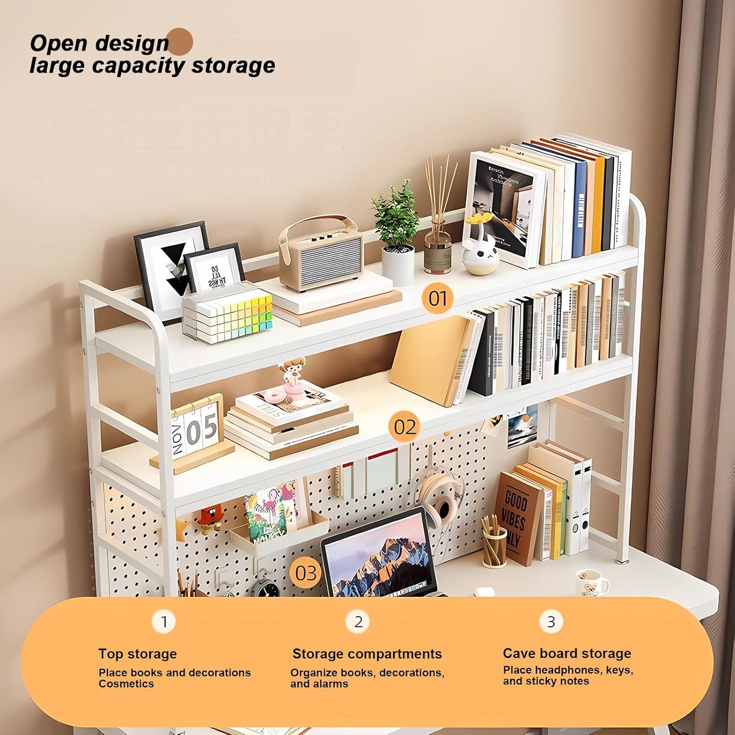 2-Tier Desktop Bookshelf Hutch - Metal Desk Shelf Bookcase with Desk Pegboard Countertop Storage Organizer Rack for Dorm or Office (A, 70cm/27.5in)