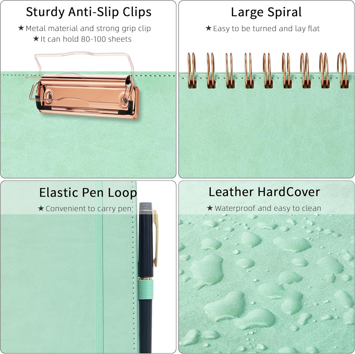 Ospelelf Leather Clipboard Folders with with Storage Zipper Pouch, Spiral Clipboard Folio with Notepad for Letter Size, 5 Folders with 10 Pockets, 39 Divider Label Stickers (Light Green)