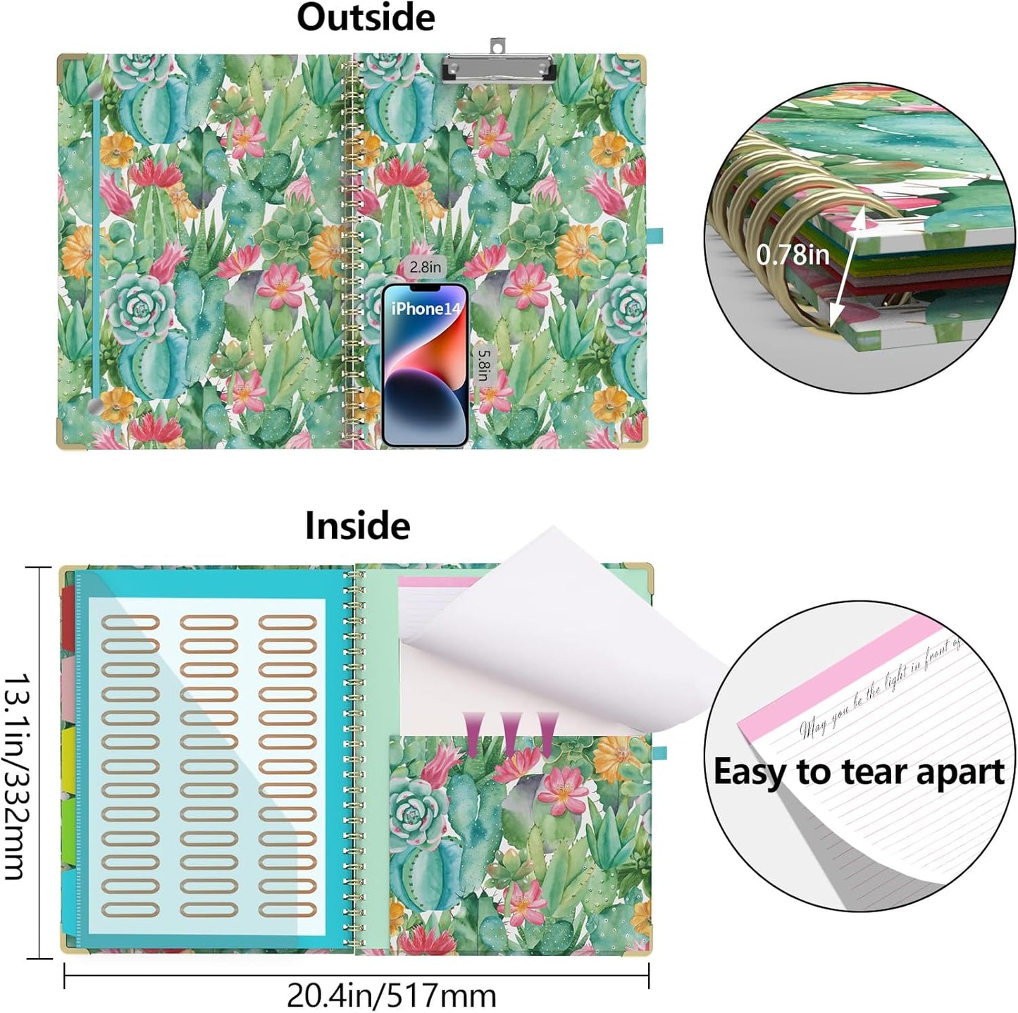 Foldable Clipboard Folio with Storage, 5 Plastic Folders with 10 Pockets,Refillable Lined Notepad (11" x 8.5"), Hardcover Project Organizer Nursing Teacher School Essentials(Cactus Flowers)