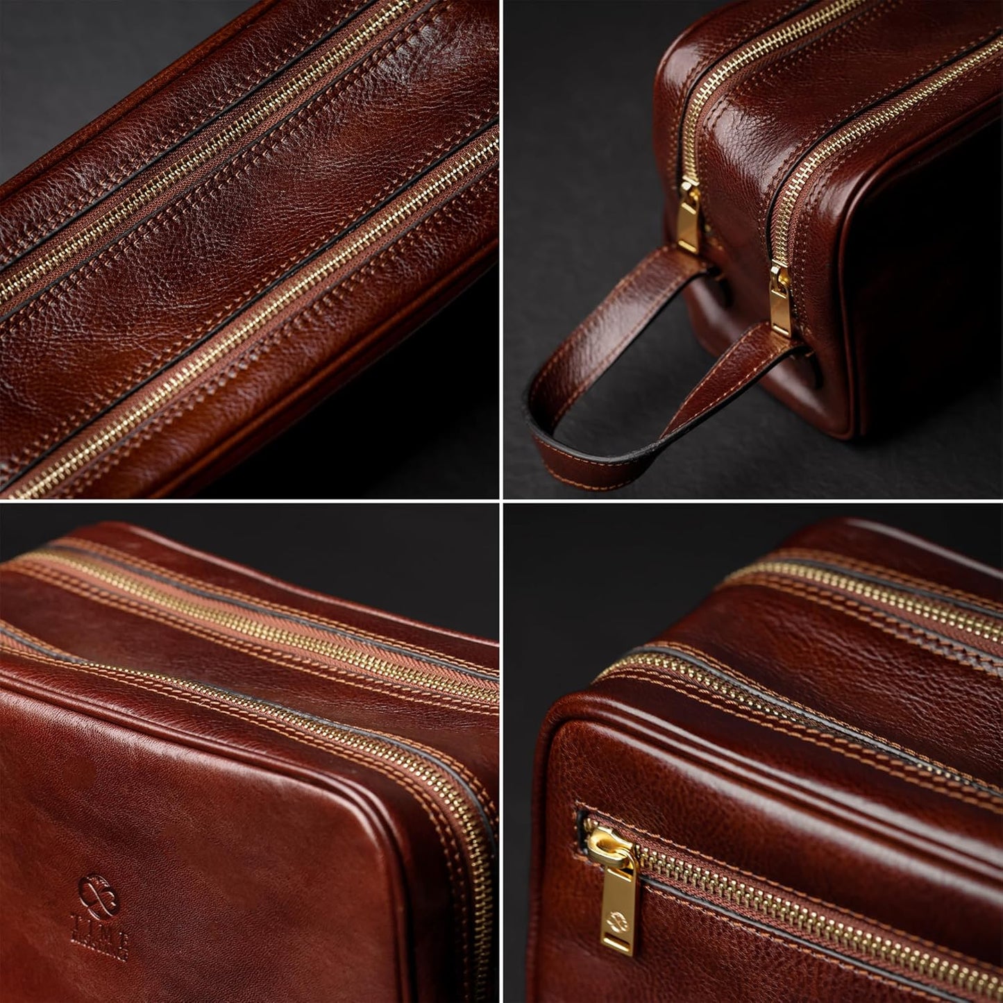 Time Resistance Leather Cosmetic Bag - Italian Toiletry Dopp Kit (Brown)