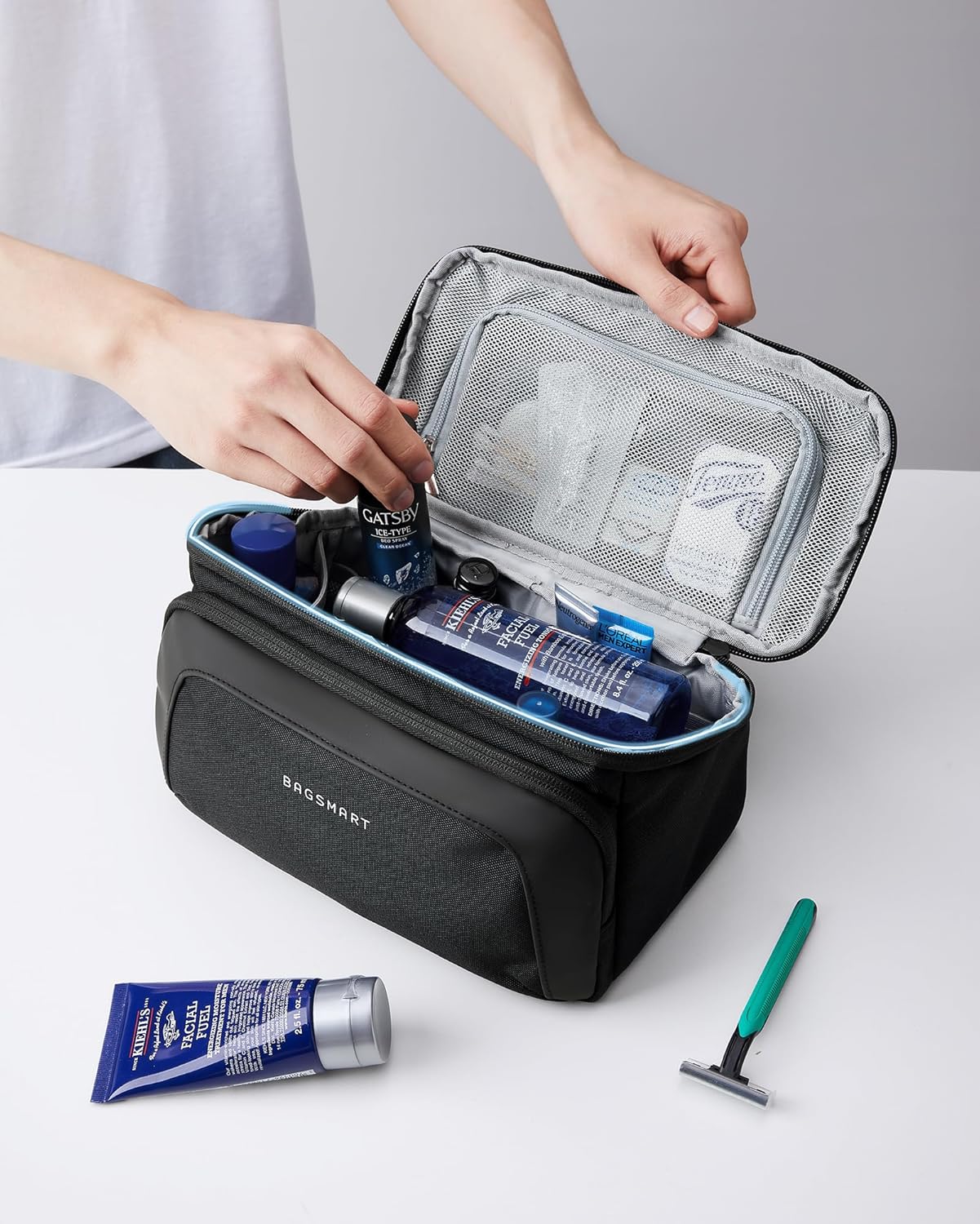 BAGSMART Toiletry Bag for Men, Wide Opening Travel Bag for Toiletries, Dopp Kit Water Resistant Shaving Hygiene Bag for Bathroom Shower, Toiletries Accessories,Travel Essentials-Gray