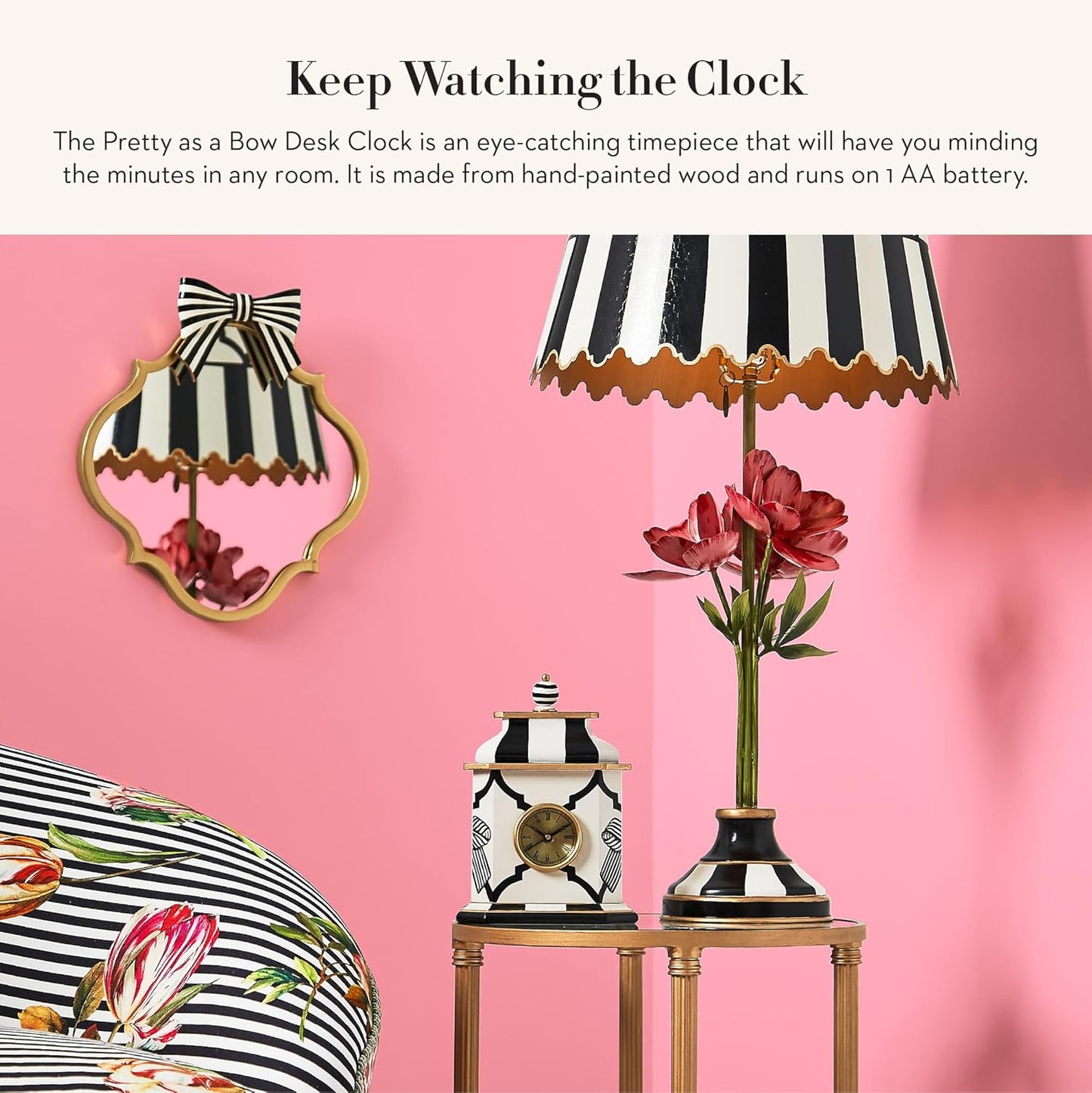 MACKENZIE-CHILDS Desk Clock, Decorative Wood Clock for Kitchen and Living Room, Pretty as a Bow