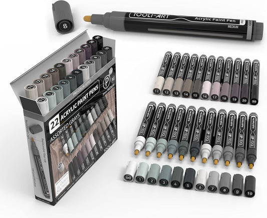 TOOLI-ART 22 Acrylic Paint Markers Paint Pens Pro Color Series Set 3mm Medium Tip for Rock Painting, Glass, Mugs, Wood, Metal, Glass Paint, Canvas, DIY. Non Toxic, Waterbased, Quick Drying (GRAYS)