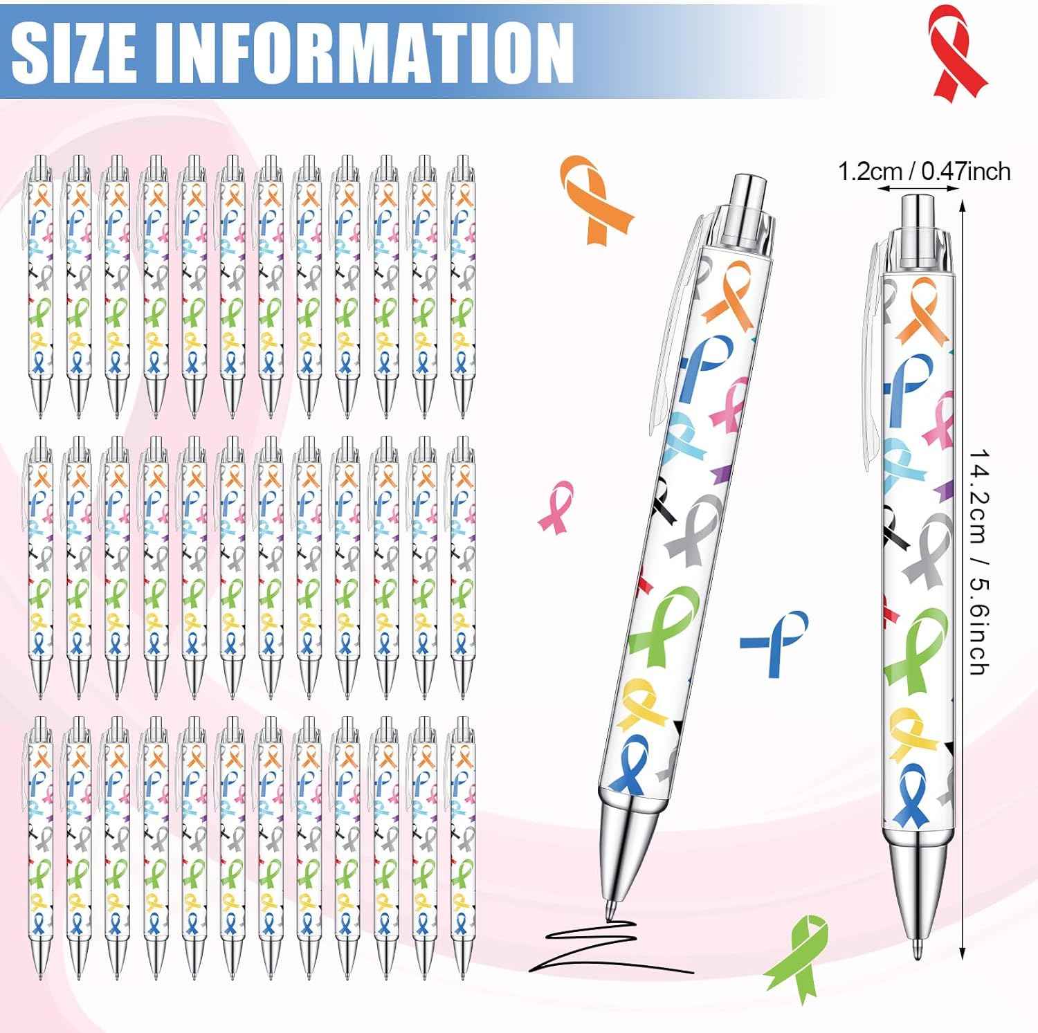 Fulmoon Cancer Awareness Ballpoint Pens Bulk Colorful Ribbon Retractable Gel Pen Black Ink Sarcoma Lung Breast Cancer Awareness Items for Public Events Charity Supplies(100)