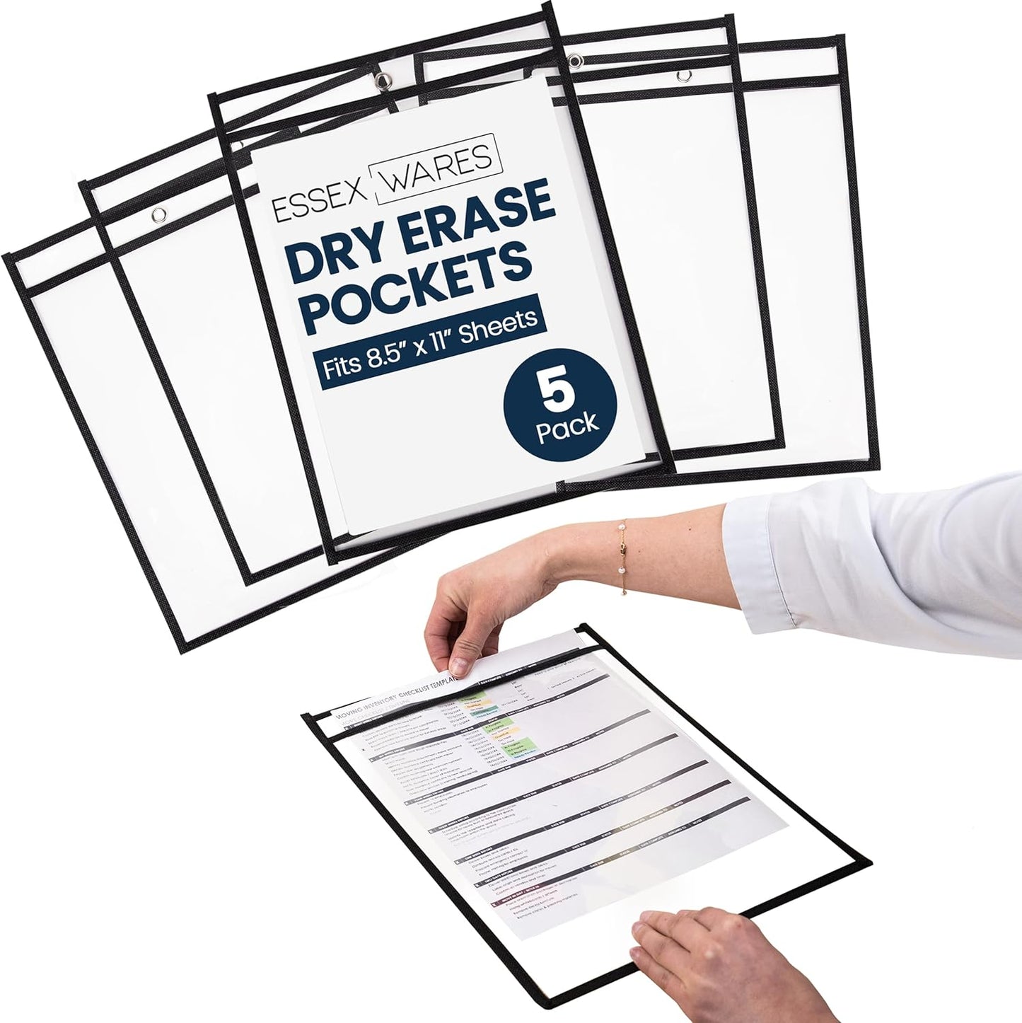 Essex Wares - 5 Pack, Black, Job Ticket Holders, 10" Wide x 13.5" Tall - Clear Plastic Shop Ticket Holders - Easy to Use, Reusable & Easy Erase Plastic Invoice Holders, Water-Resistant & Durable