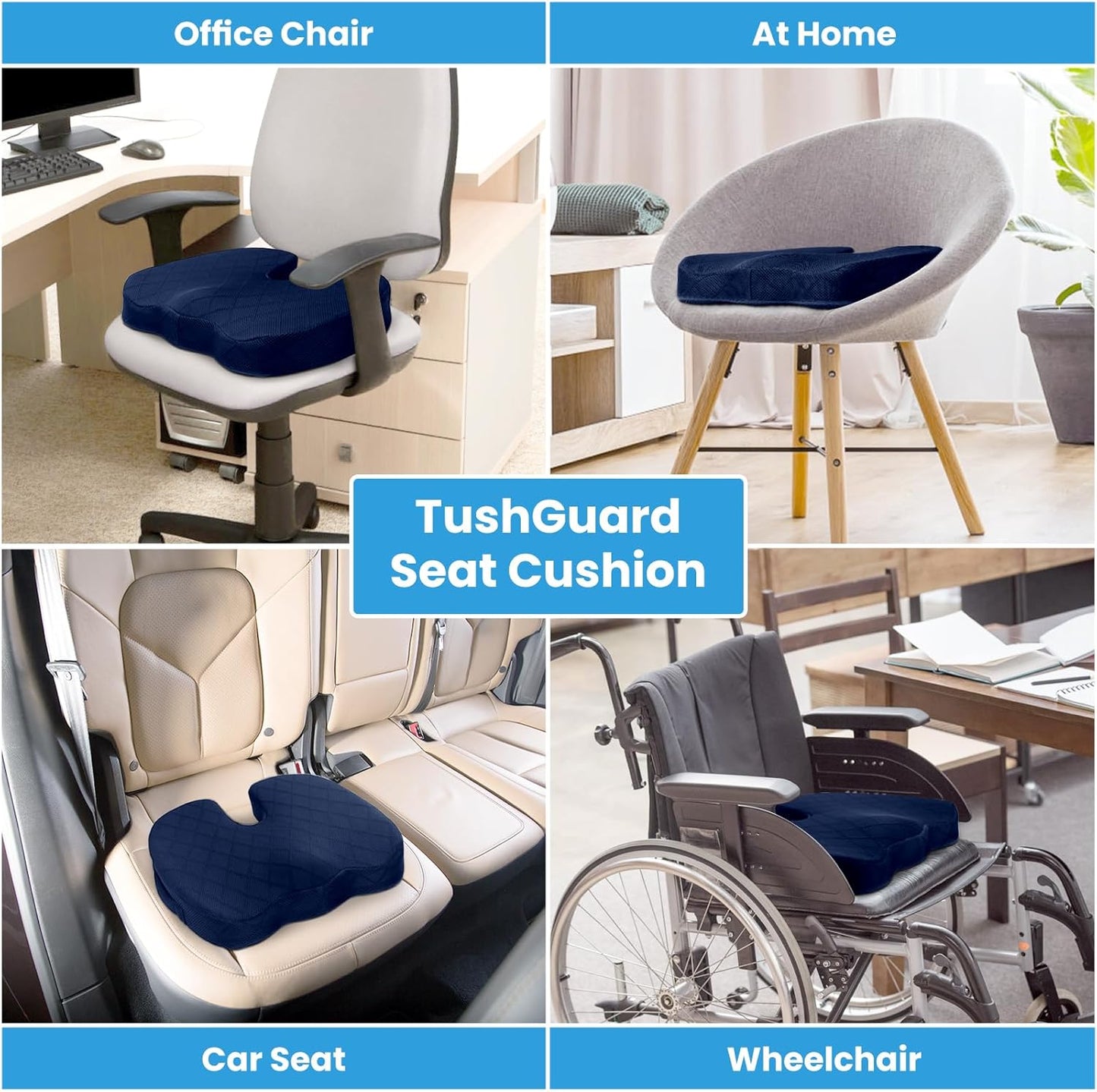 TushGuard Seat Cushion - for Office Chair, Car Seat, Airplane, Bleacher - Sciatica & Coccyx Pain Relief Desk Chair Cushion for Long Sitting Office Workers, Car Drivers(Blue, XX-Large)
