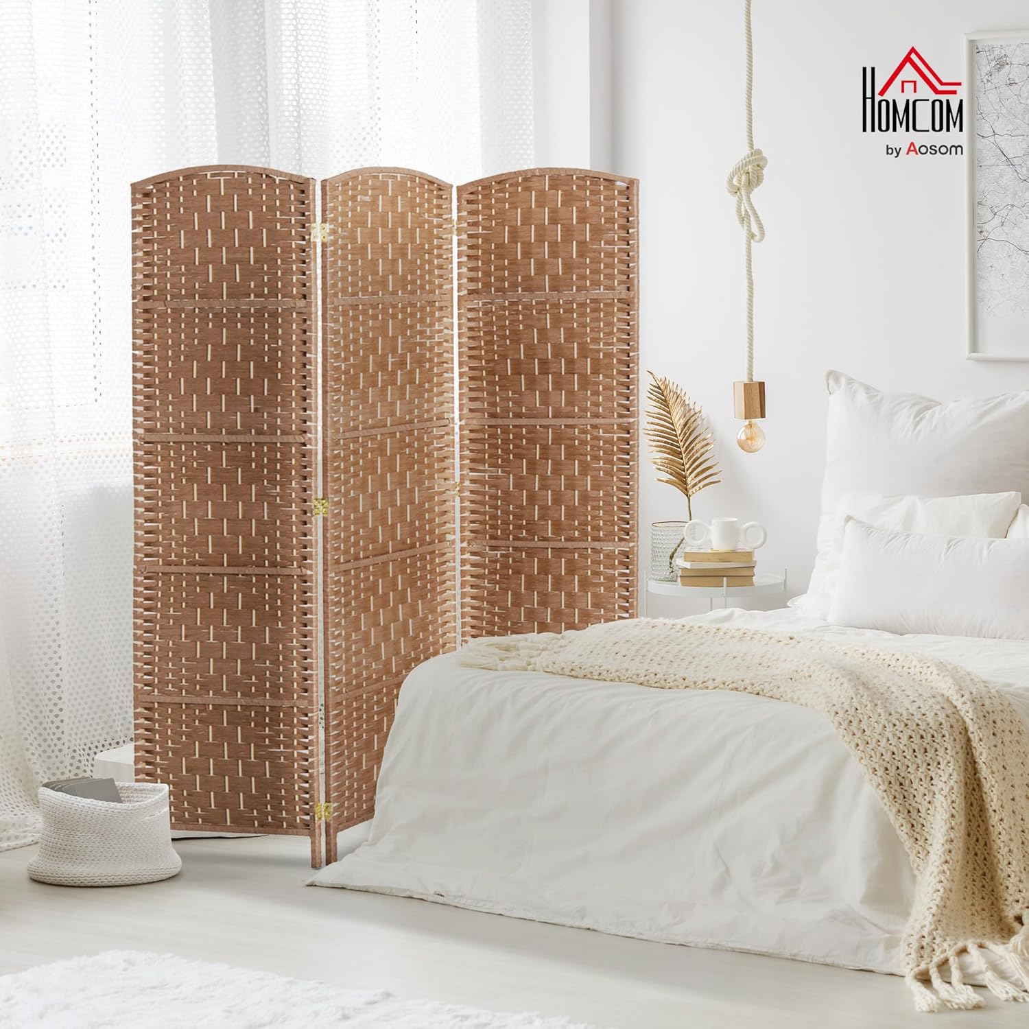 HOMCOM Room Divider, 3 Panel Folding Privacy Screen, 6FT Tall Portable Wicker Weave Partition Wall Divider for Bedroom, Home Office, Natural - Lumora Desk