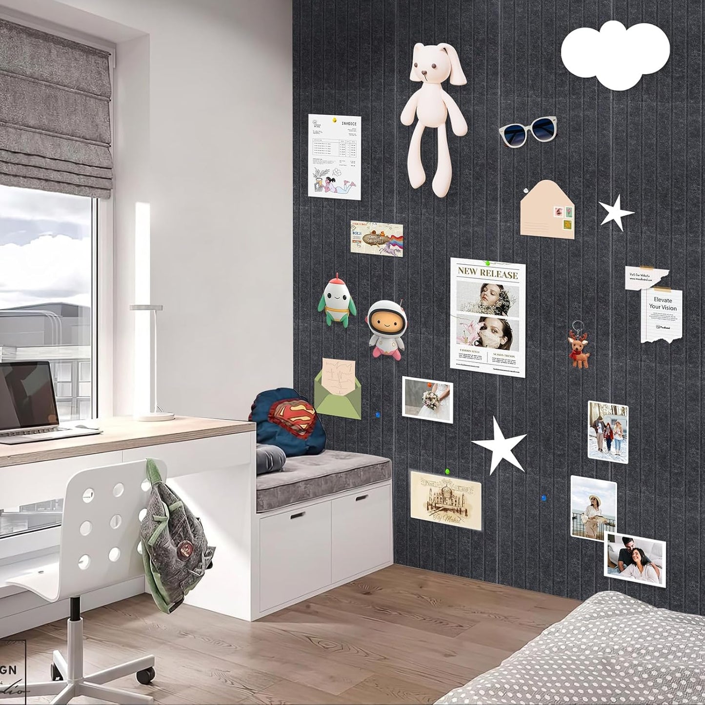 Smarpau Large Cork Board, Black Bulletin Board 48"x36", 12 Pack Pin Board Felt Wall Tiles with 50 Removable Adhesive Tabs 35 Pushpins, Cork Boards for Office Home School Decor - Lumora Desk