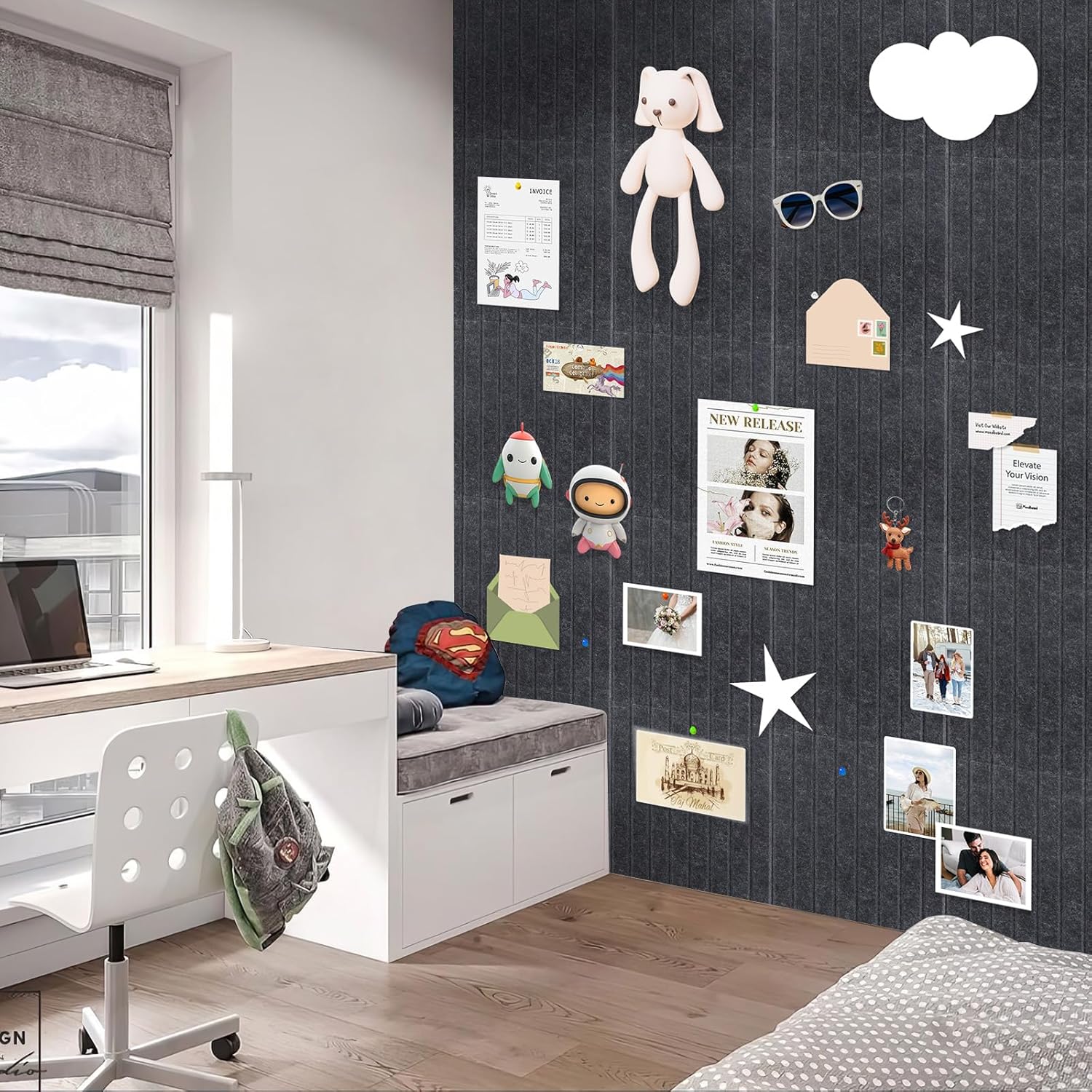 Smarpau Large Cork Board, Black Bulletin Board 48"x36", 12 Pack Pin Board Felt Wall Tiles with 50 Removable Adhesive Tabs 35 Pushpins, Cork Boards for Office Home School Decor - Lumora Desk