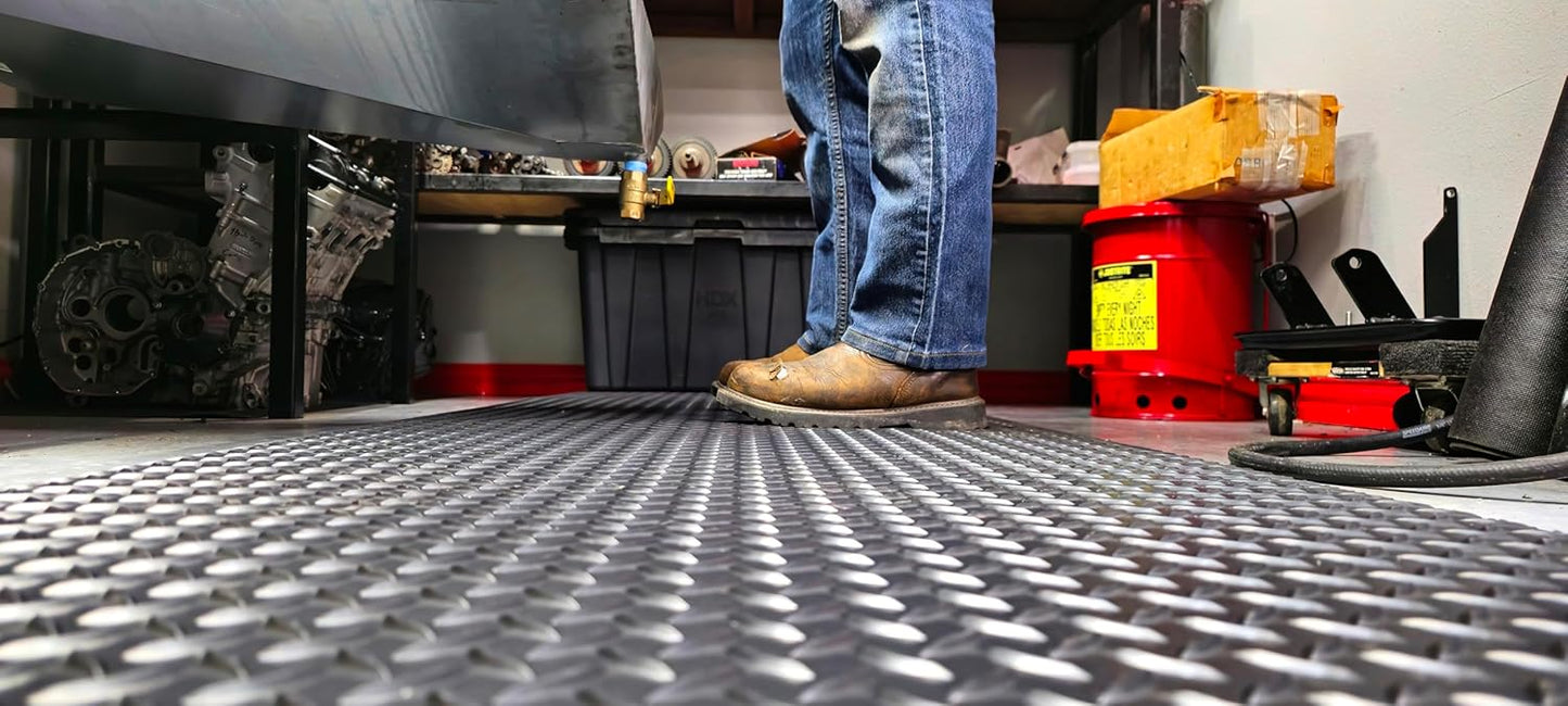 American Classic Diamond Plate Anti-Fatigue Black Mat, Industrial Ergonomic Comfort Standing Mat for Work, Home, Garage, Office, 9/16" Thick, Free 16” x 18” x 0.75” Knee Pad, Made in USA (4'x12')