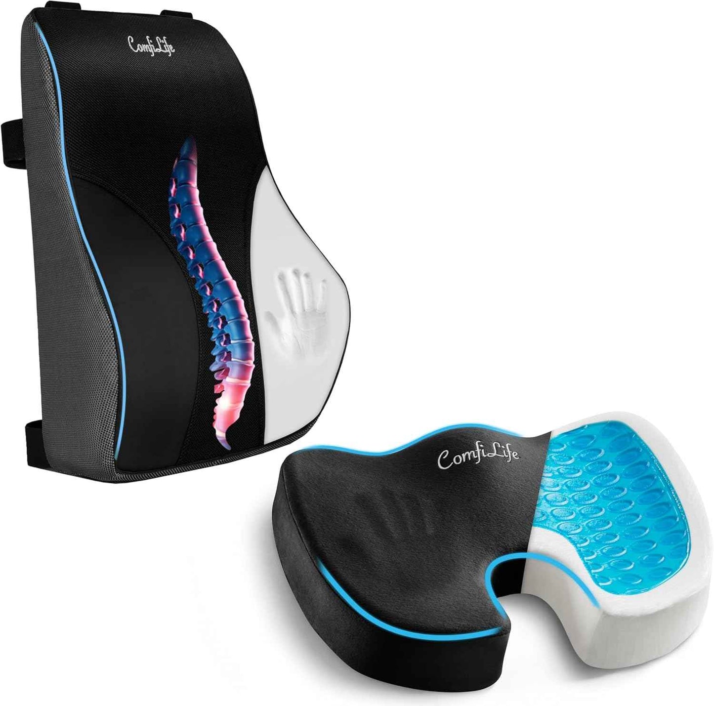 ComfiLife Lumbar Pillow + Gel Enhanced Seat Cushion Bundle – Office Chair Cushion – Lumbar Support Pillow – Car Seat Cushion – Improves Posture Help Back Pain Relief