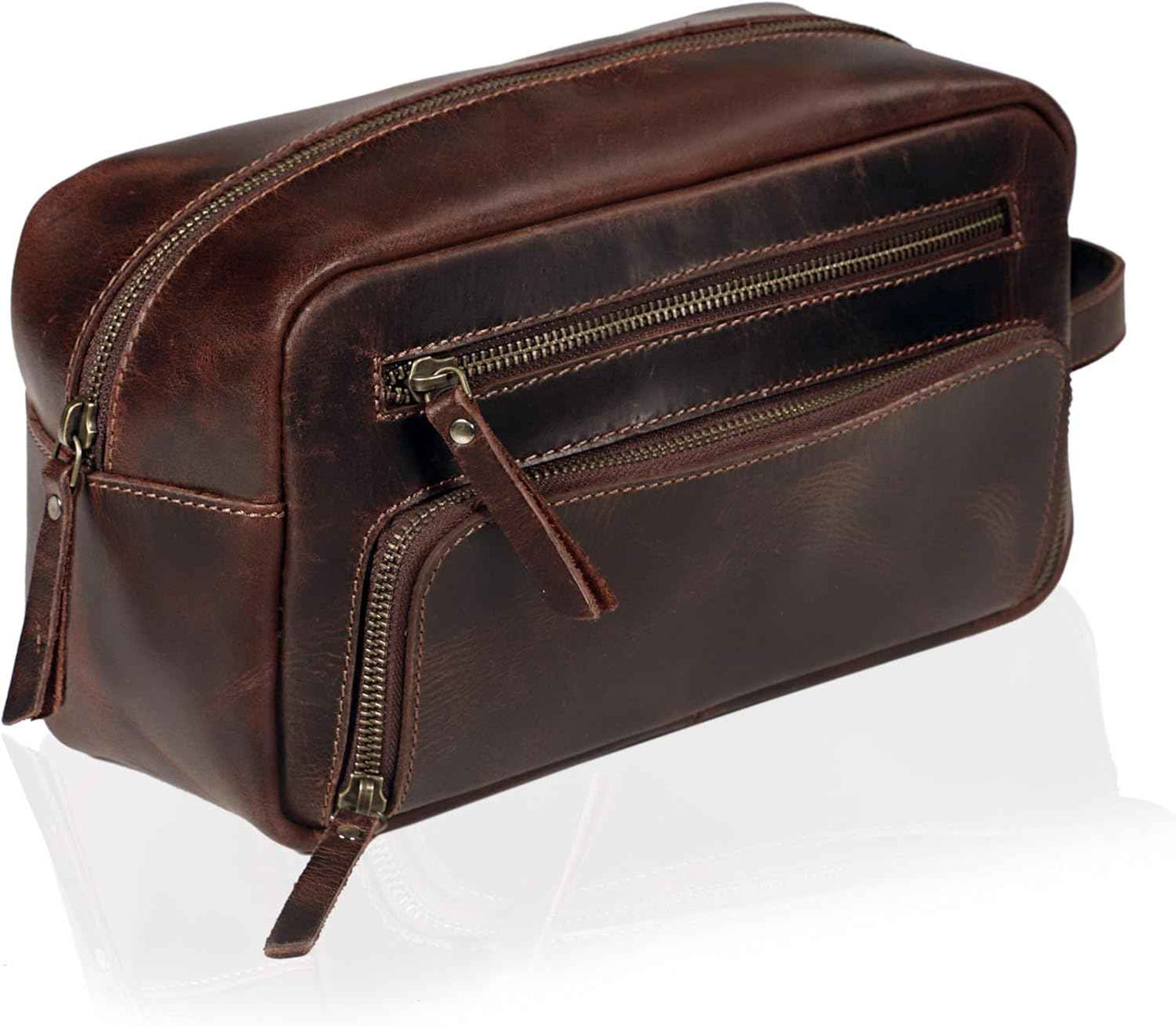 Leather Toiletry Bag for Women, Cosmetic Bag, Dopp Kit, Dark Brown, 10 x 4 x 5.5 Inch, Premium Vintage