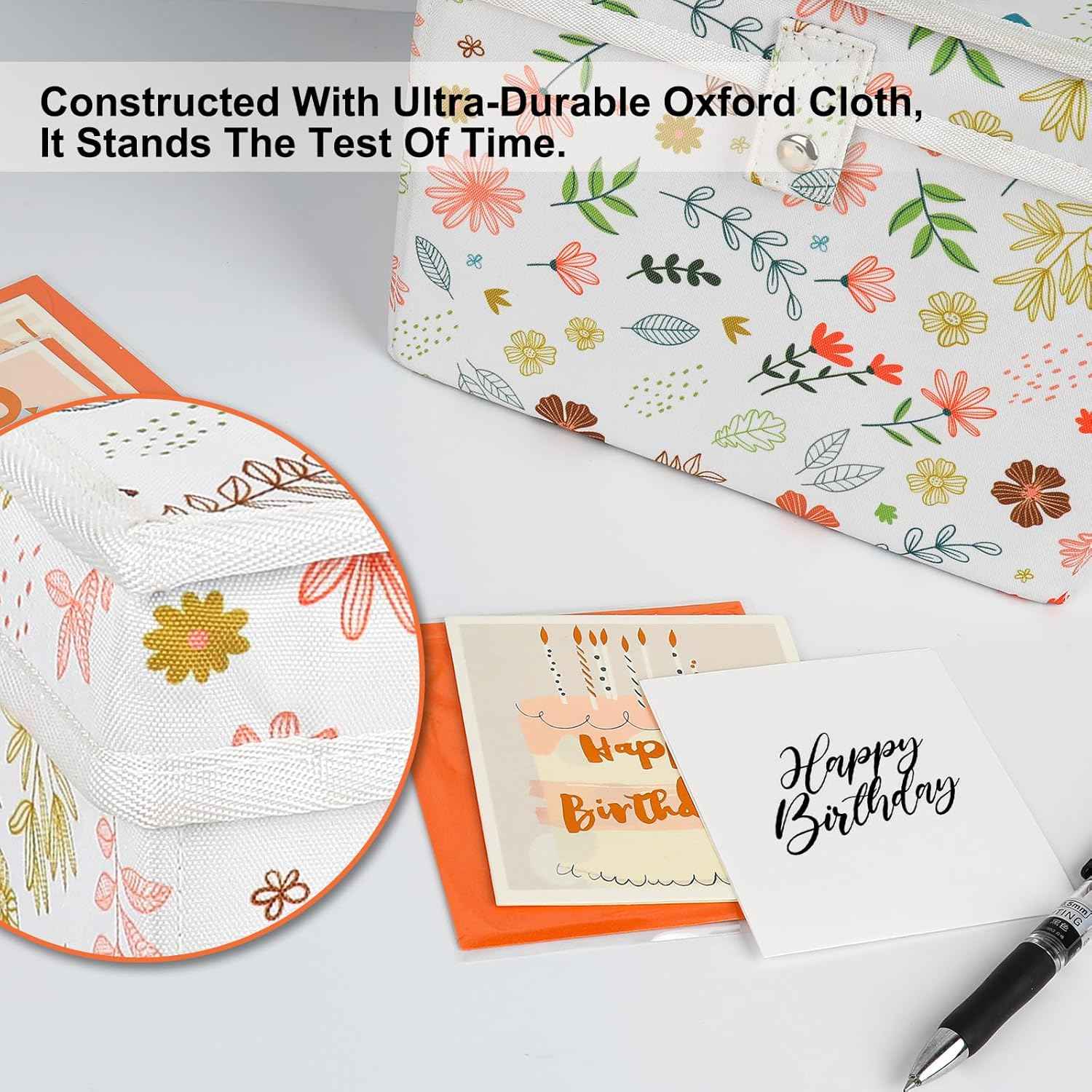 Sturdy Fabric Greeting Card Organizer Storage Box with 12 Removable Dividers - Store 140+ Cards, Oxford Cloth Card Holder for Photos, Crafts, Envelopes, Scrapbooking, Paper, Stickers Holder