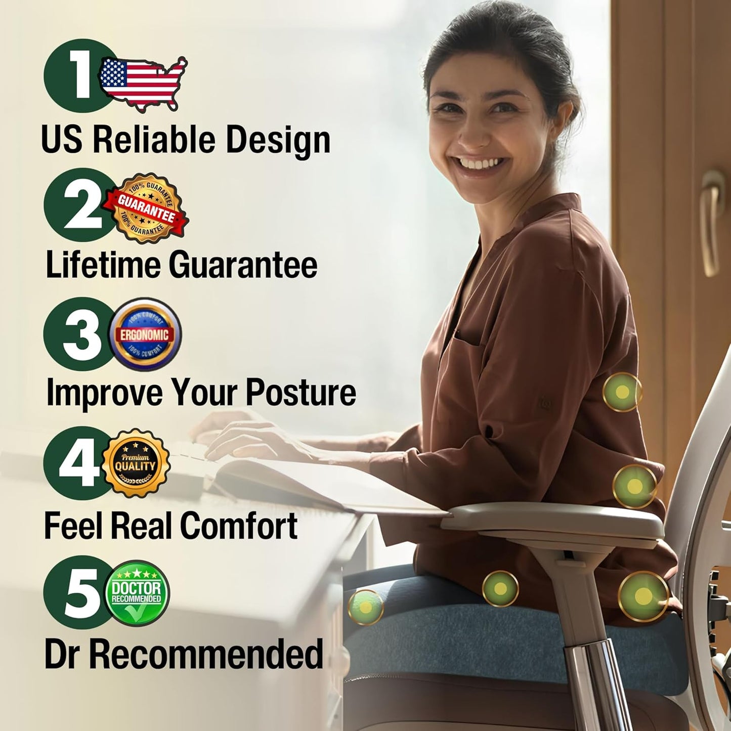 Pressure Relief Seat Cushion for Tailbone Pain – X Large Office Chair Cushion for Back Pain, Coccyx & Sciatica Pain Relief Pillow. Memory Foam Seat Cushions for Office Chairs + Extra Cover (Green)