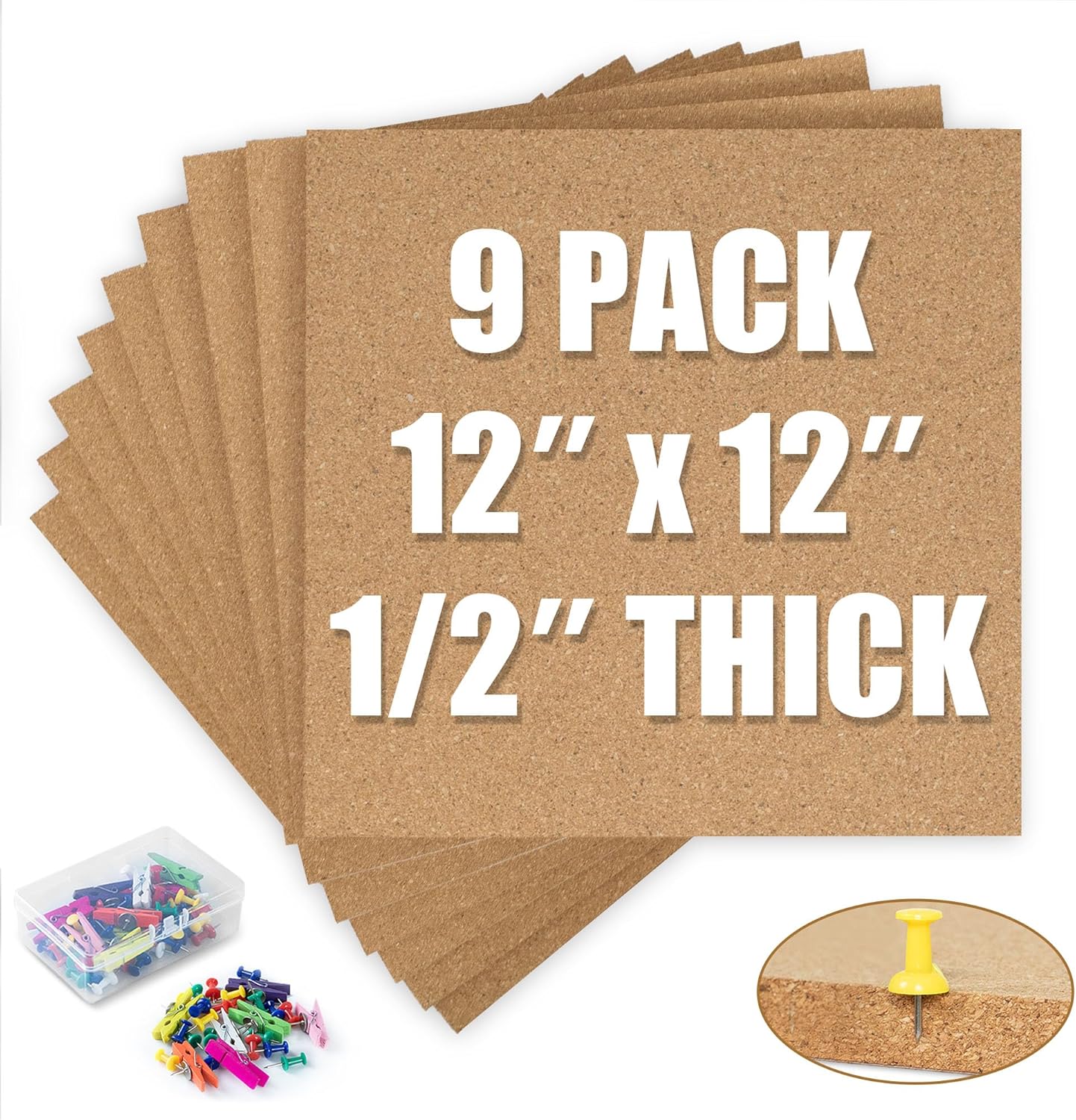 AKTOP Cork Board Bulletin Board 12x12, 1/2" Thick Cork Board Tiles 9 Pack, Small Square Pin Board for Wall, Self Adhesive Corkboards with 120 Push Pin Wood Clips for School, Home & Office - Lumora Desk