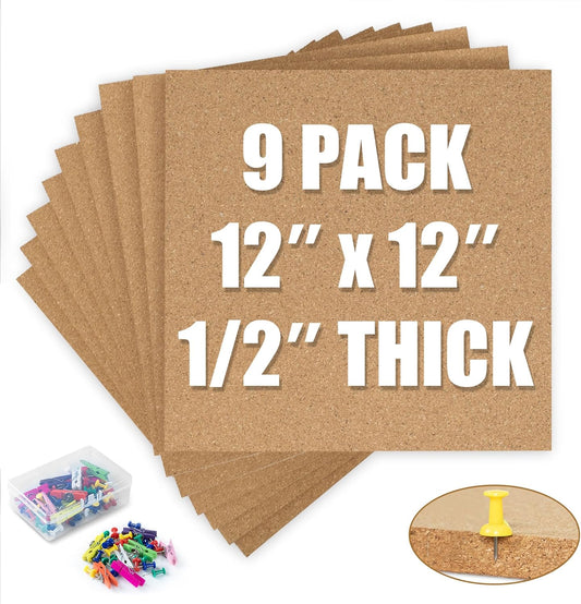 AKTOP Cork Board Bulletin Board 12x12, 1/2" Thick Cork Board Tiles 9 Pack, Small Square Pin Board for Wall, Self Adhesive Corkboards with 120 Push Pin Wood Clips for School, Home & Office - Lumora Desk