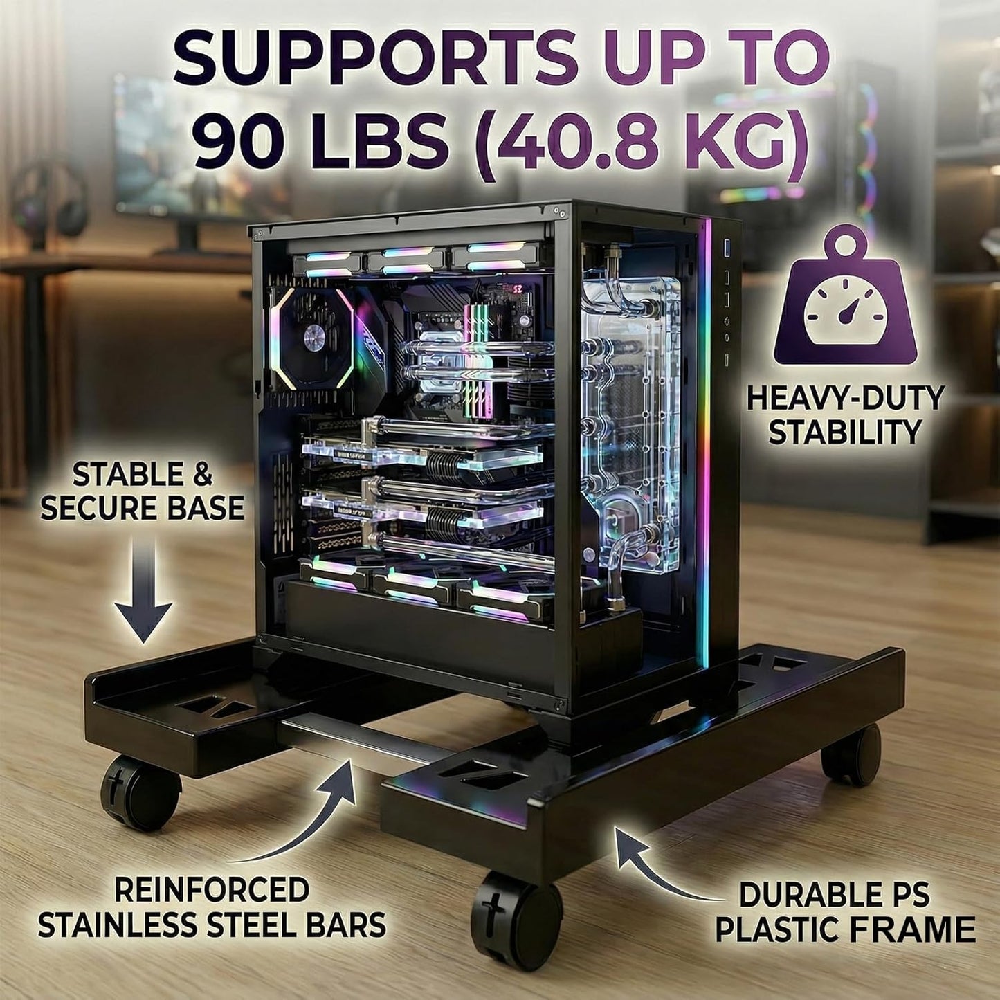 Adjustable Mobile CPU Stand with 4 Caster Wheels - Ventilated Tower Stand, Fits Most PCs - Under Desk CPU Holder, PC Floor Cart, Riser for Gamers and Students (Black)