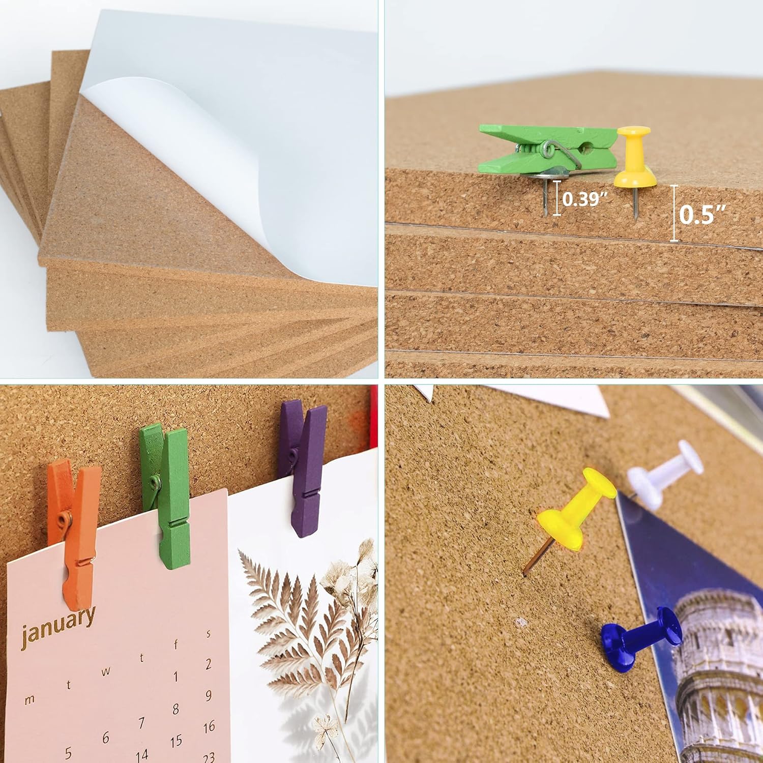AKTOP Cork Board Bulletin Board 12x12, 1/2" Thick Cork Board Tiles 6 Pack, Small Square Pin Board for Wall, Self Adhesive Corkboards with 60 Push Pin Wood Clips for School, Home & Office - Lumora Desk