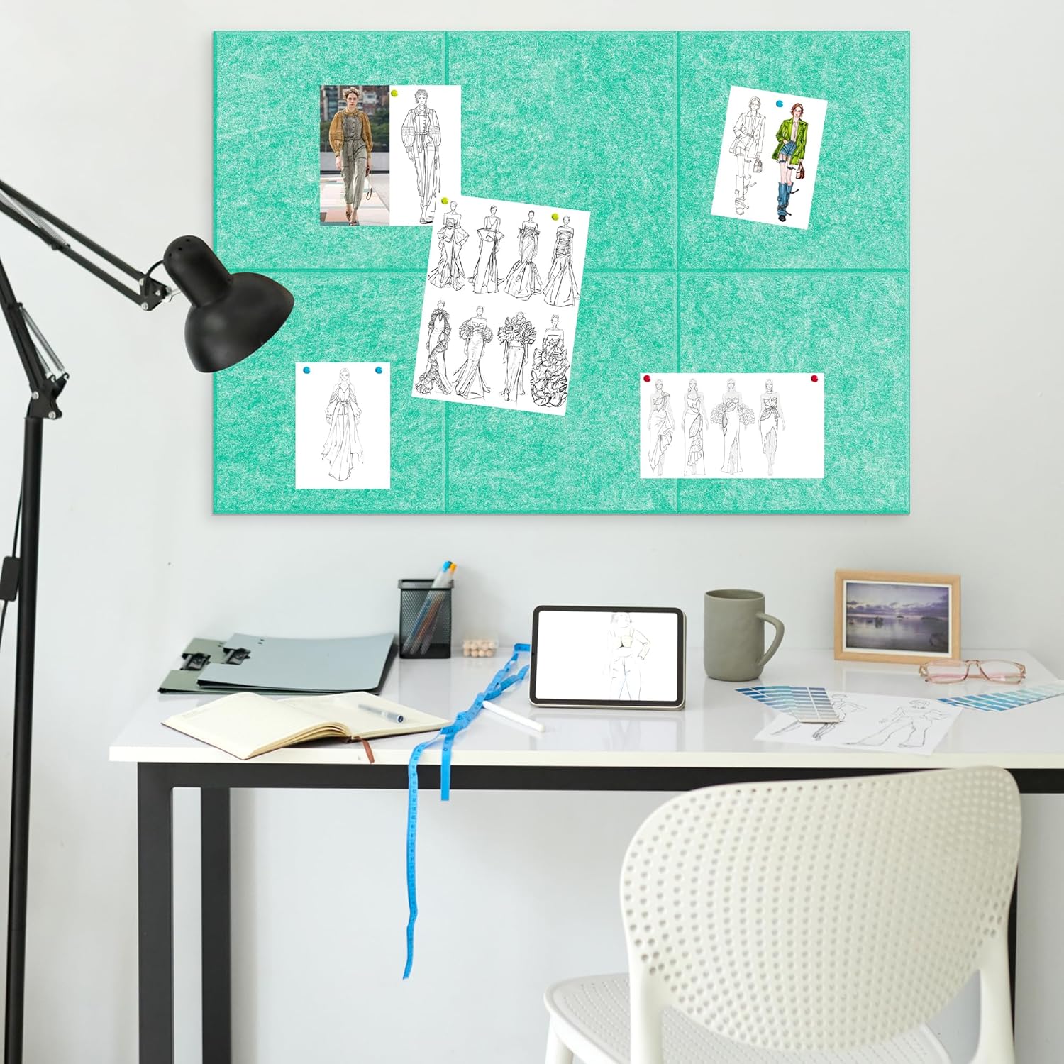 AKTOP Cork Board Bulletin Board 24"x36", 6 Pack Removable Felt Cork Board Tiles for Wall, Large Corkboard Notice Pin Board for Office, School & Home,24 Safe Adhesive Tabs, 20 Push Pins, Lake Blue - Lumora Desk