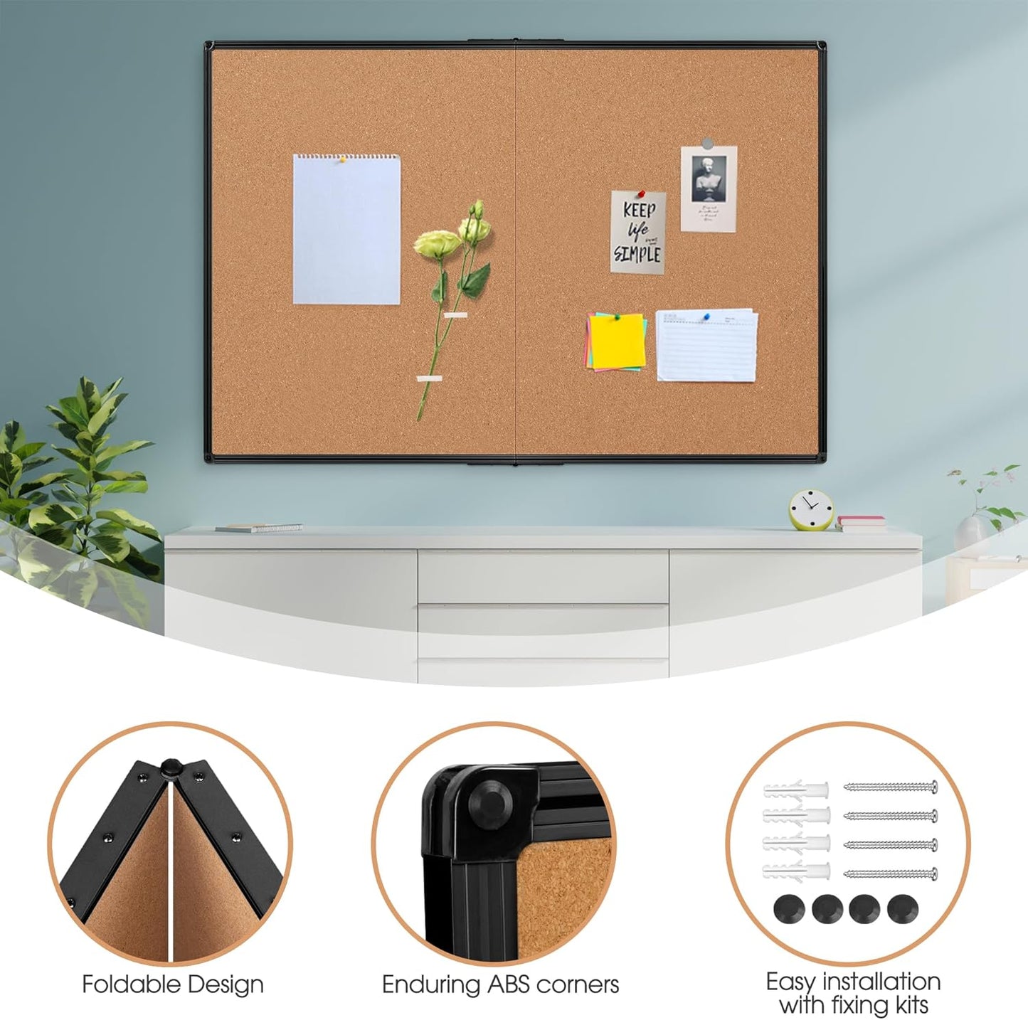 Board2by Extra Large Cork Bulletin Board 60" X 36", Foldable Notice Pin Board for Wall, Black Aluminum Framed 5'x3' Corkboard, Wall Mounted Noticeboard with 36 Push Pins for School, Home & Office - Lumora Desk