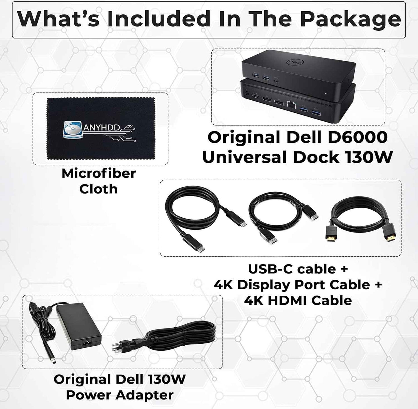 D6000 Dell Docking Station Dual Monitor - USB C Universal Dock with 130W Adapter, HDMI, DisplayPort, USB-C Cables - Supports 4K Display (Renewed)
