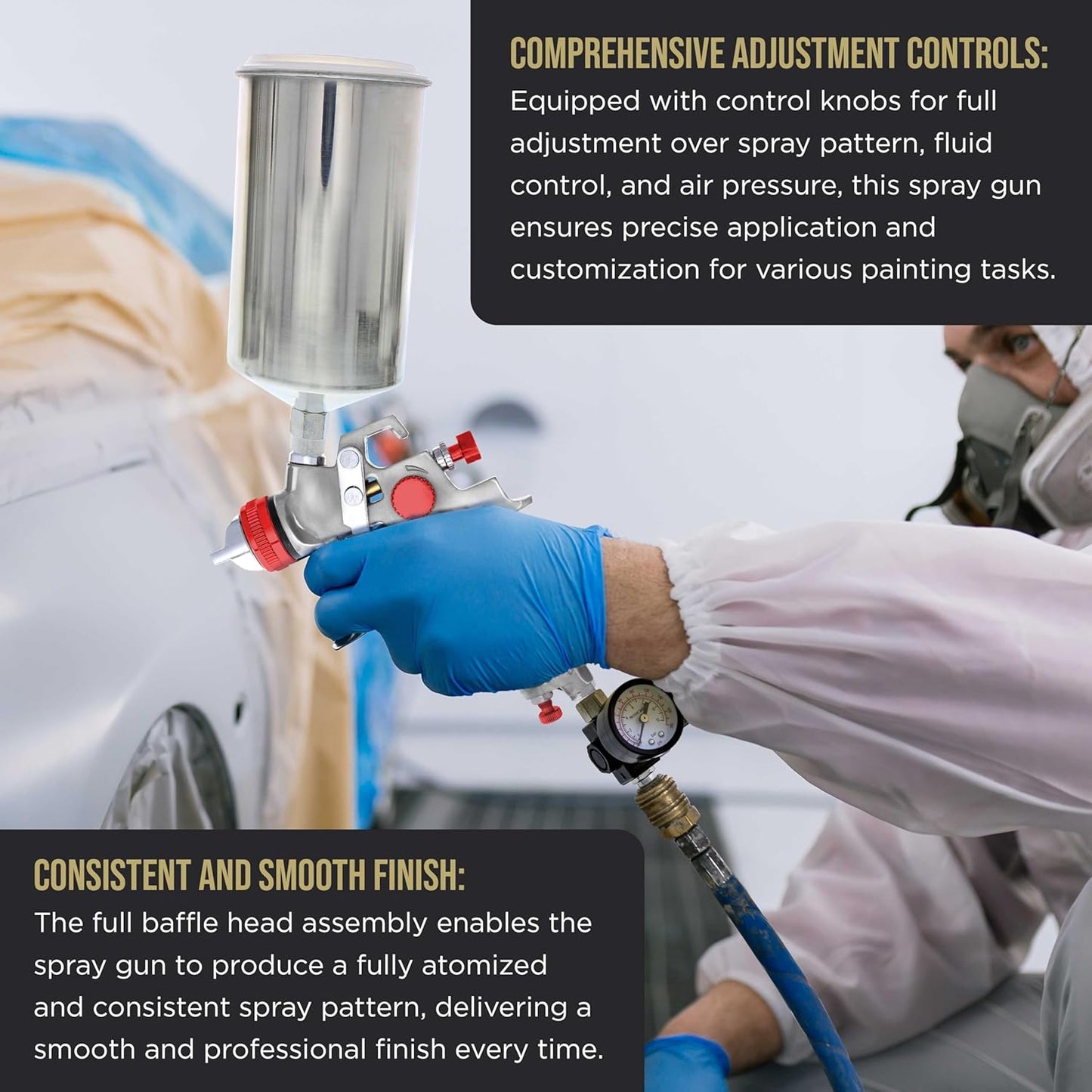 TCP Global Professional HVLP Spray Gun 1.4mm - Gravity Feed Auto Paint Gun Kit for Basecoat, Clearcoat, Primer - Spray Guns Paint Sprayer with Air Compressor Regulator (G6600-13)
