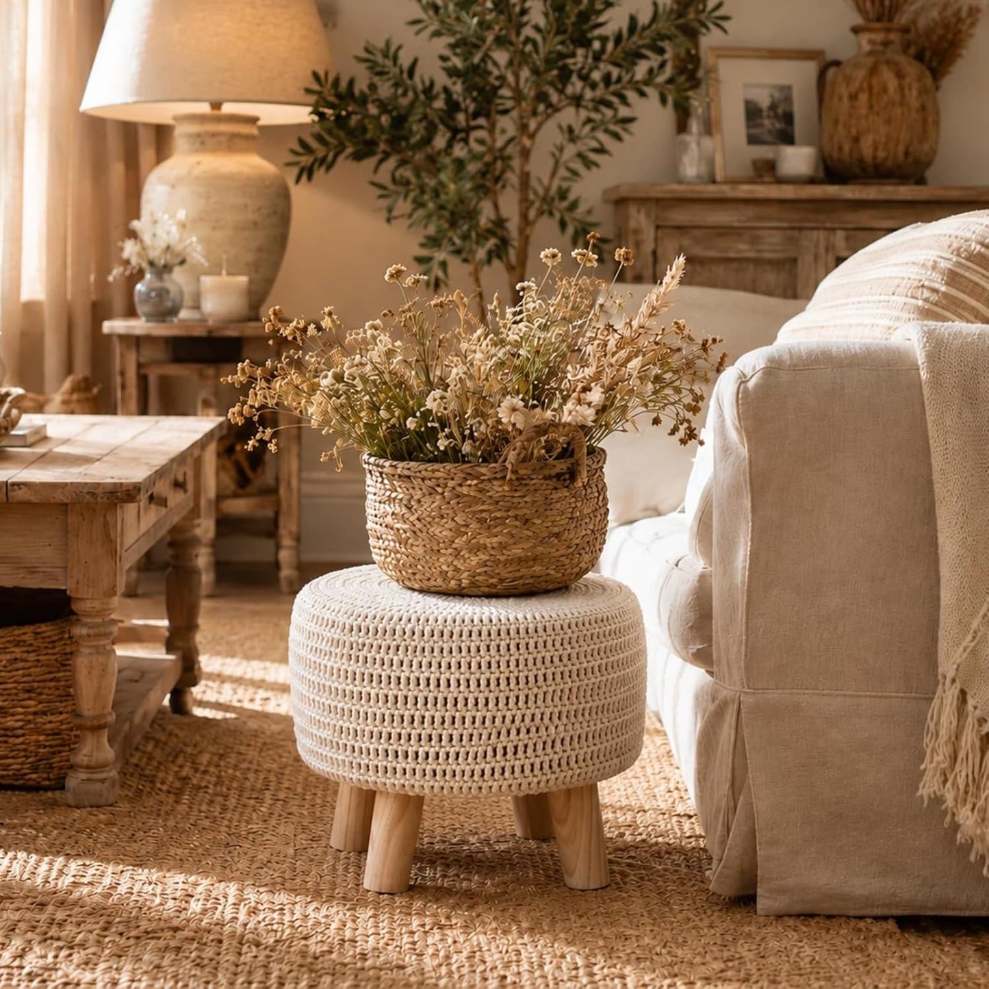 Wimarsbon Pouf Ottoman, 100% Cotton Knitted Boho Footstool, Round Footrest with Non-Skid Wood Legs, Home Décor Handmade Pouffe, Leisure Floor Step Stool for Living Room (Beige)