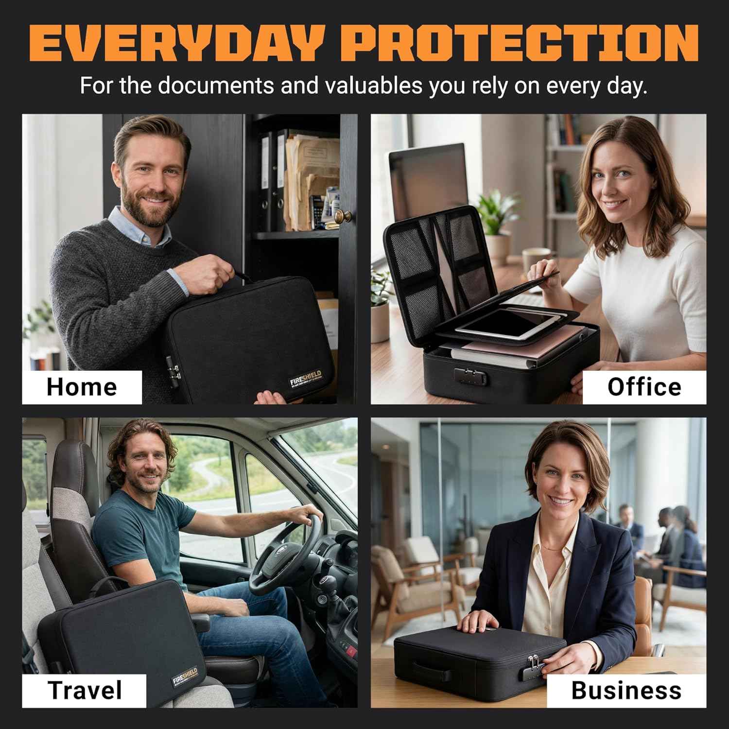 FIRESHIELD PRO 5200°F Fireproof Document Box with Lock – Fire Safe Organizer with Laptop, Tablet & Cards Pockets – Water Resistant, Multi-Pocket Storage for Travel, Home or Office – 15" x 11" x 4.1"