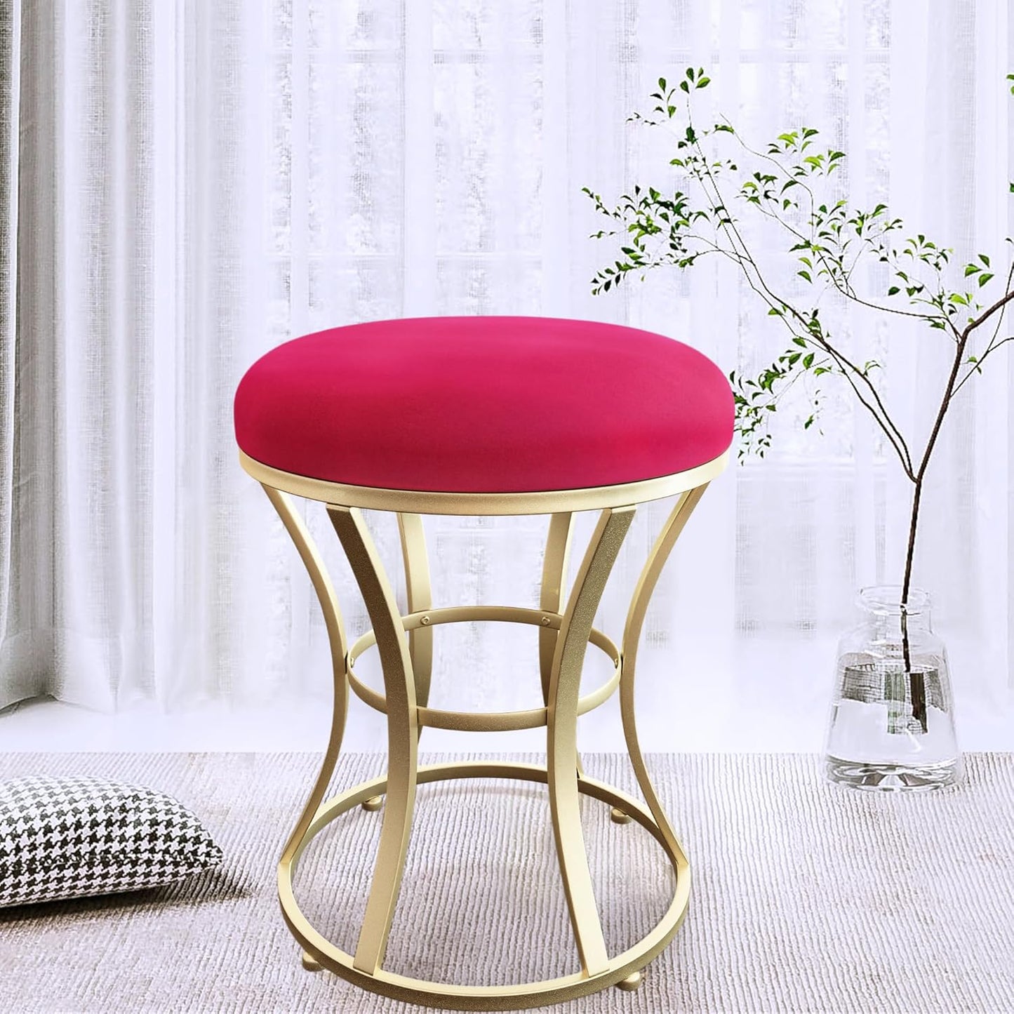 Velvet Round Vanity Stool,Red Velvet Footrest Ottoman Foot Stool Seat with Golden Metal Legs,Makeup Chair for Bathroom Vanity,Bedroom,Living Room