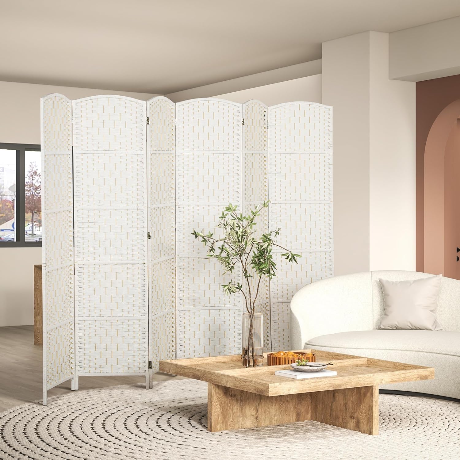 HOMCOM Room Divider, 6 Panel Folding Privacy Screen, 6FT Tall Portable Wicker Weave Partition Wall Divider for Bedroom, Home Office, White - Lumora Desk