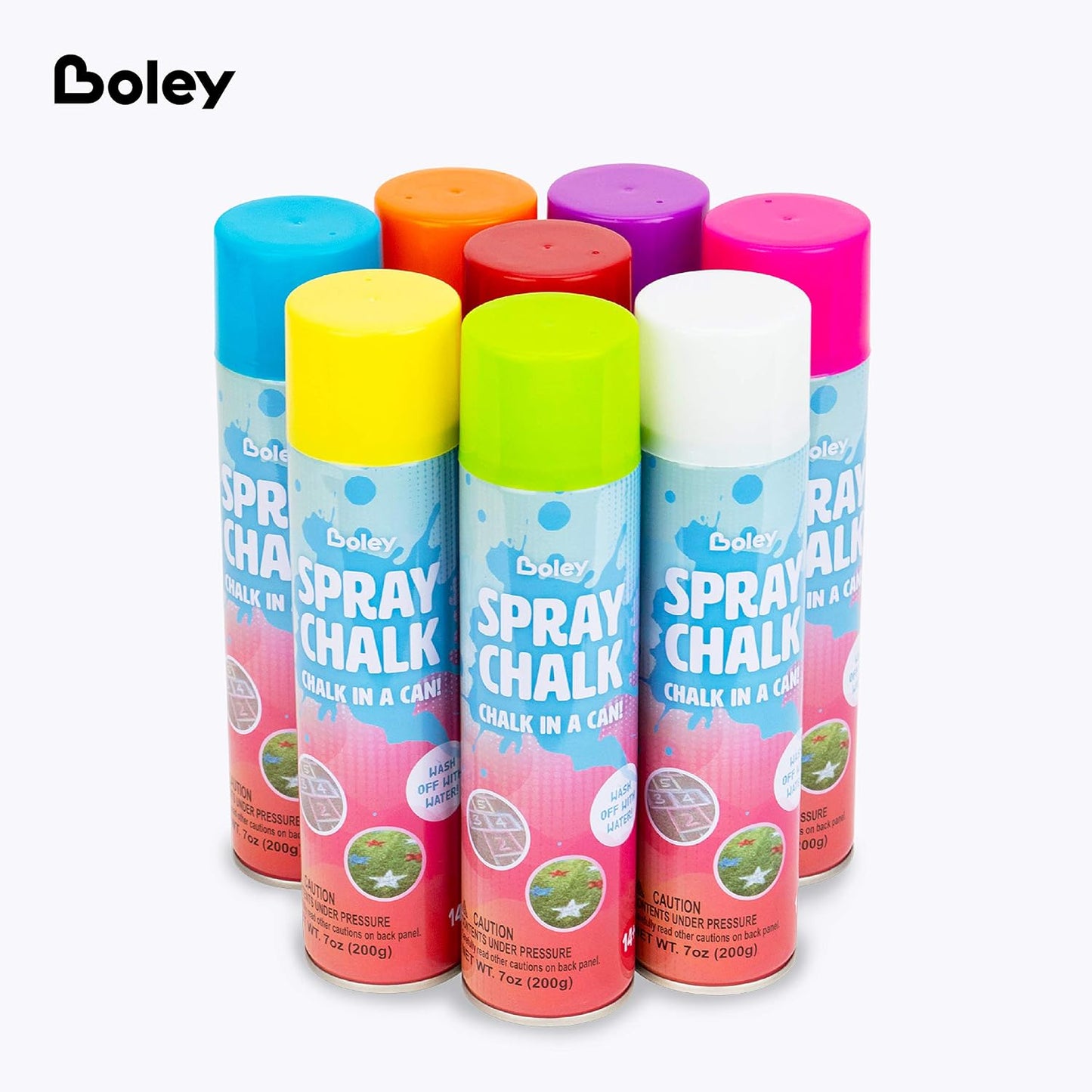 Boley Spray Chalk – 8 Pack Washable Chalk Spray Paint, 7 oz Each, Non-Toxic, Vibrant Outdoor Colors for Pavement, Grass, Sand & Snow – Fun Gift for Teens & Families, Ages 14+