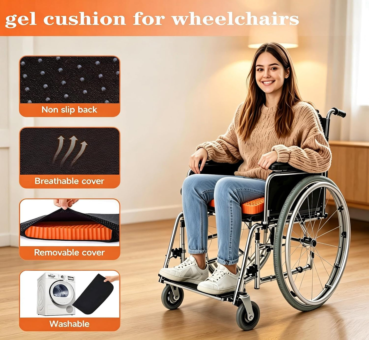 Innovative Gel Seat Cushion for Long Sitting, Breathable Grid Seat Cushion, Soft Cooling Support Chair Cushion for Office, Wheelchair, Car, Gel Cushion for Back, Sciatica,Tailbone Pain Relief.(orange)