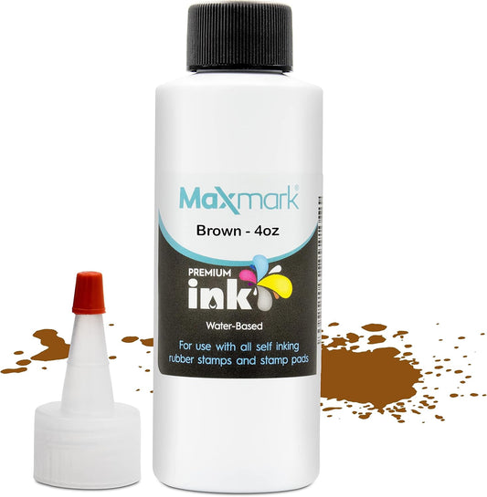 MaxMark Premium Refill Ink for self Inking Stamps and Stamp Pads, Brown Color - 4 oz.