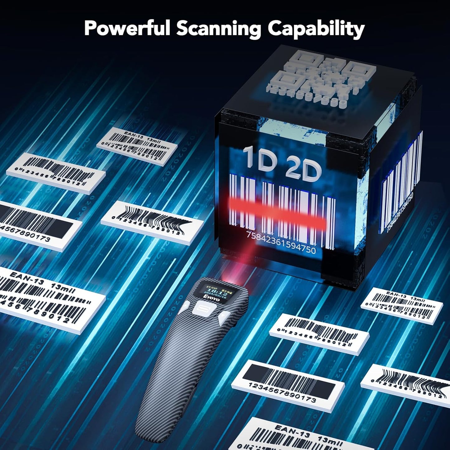 Eyoyo Mini Bluetooth Barcode Scanner: Portable 1D&2D QR Code Scanner with Digital Display for Library Book, Retail Store, Warehouse - Wireless & USB Wired Bar Code Reader for Android Phone PC Laptop