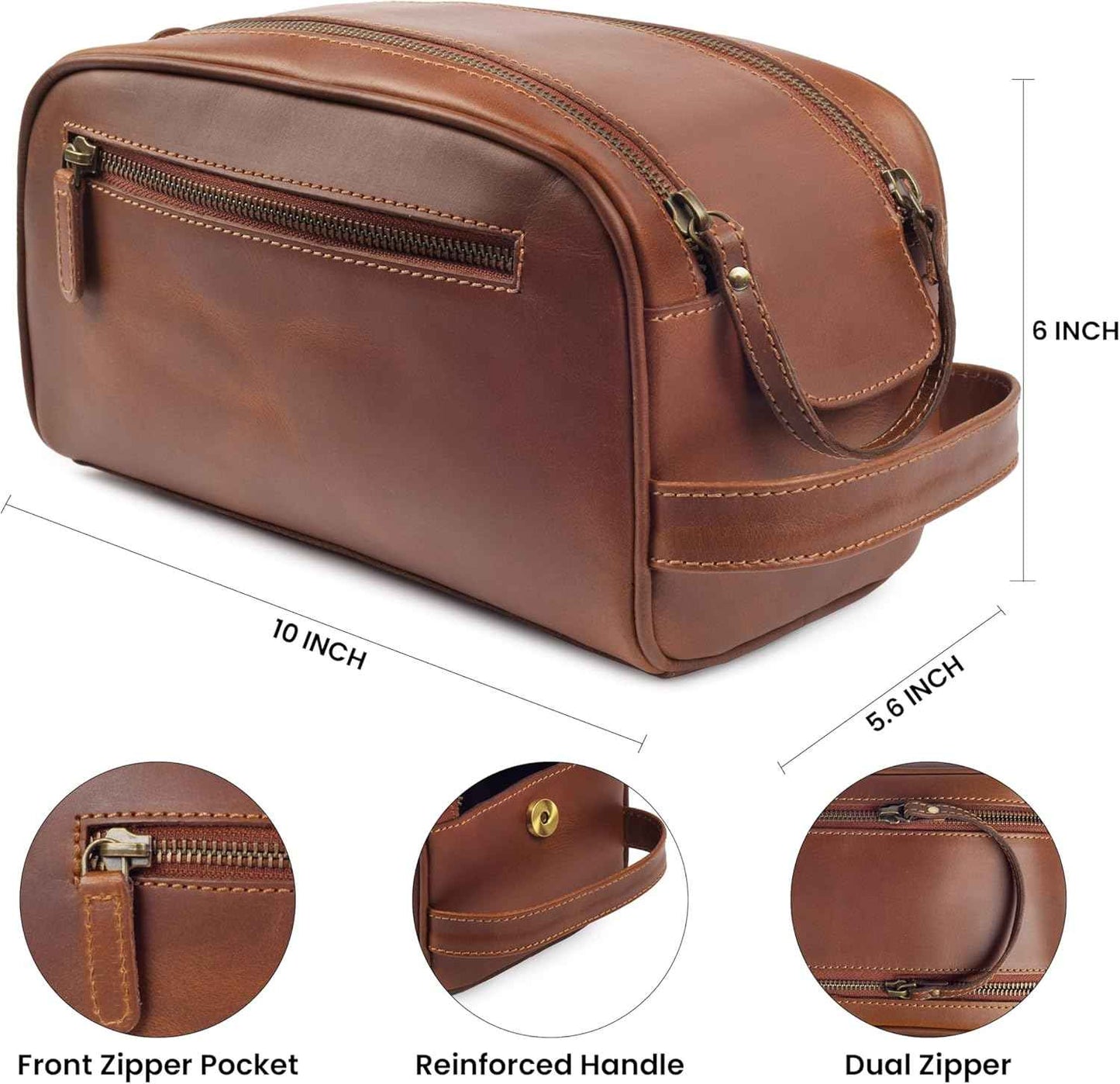 MDS® Genuine Leather Toiletry Bag for Men - Unisex Rustic Classic Vintage Handcrafted Full-Grain Leather Travel Dopp Kit with Waterproof Lining & Handle, Shaving & Grooming Kit Organizer Pouch, Tan