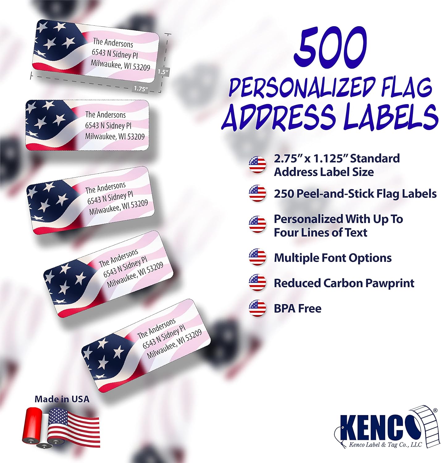 Customized Personalized Address Labels - Made in The USA by Kenco (500 Labels, American Flag) - Lumora Desk