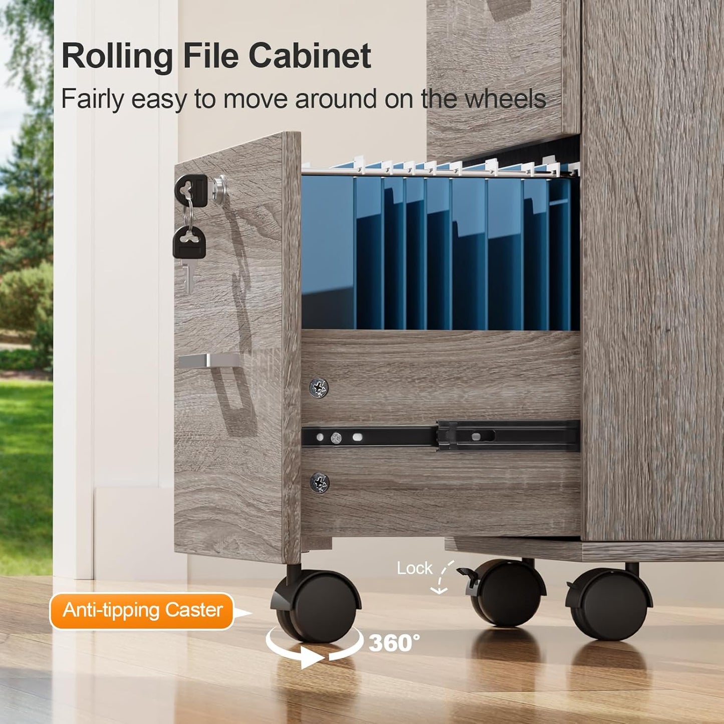 VINGLI 3-Drawer File Cabinet with Lock, Wood Rolling Filing Cabinets for Home Office, Mobile Printer Stand, Under Desk File Organizer for Letter Sized Files, 26" H(Caster Included),Gray Oak