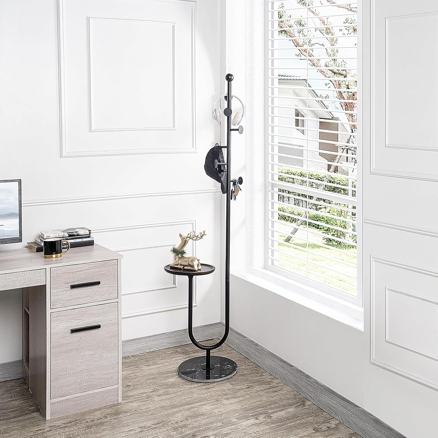 Coat Rack Stand, Metal Coat Tree with Bamboo Tray & 6 Hooks, Heavy Duty Marble Base Corner Coat Stand for Bedroom Hallway Entryway Living Room Office 13.78 x 13.78 x 68.11 Inches (Black) - Lumora Desk